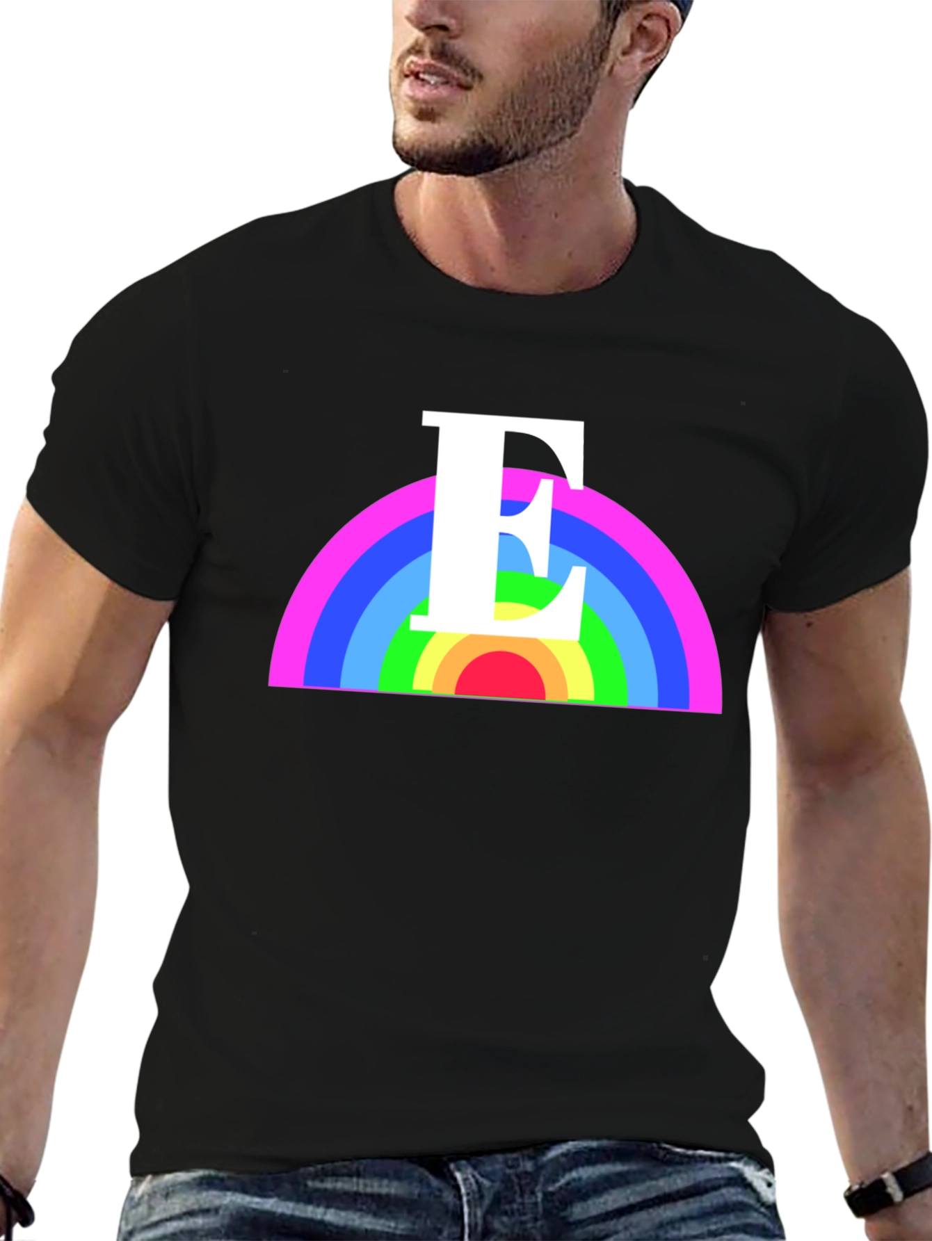 Rainbow Initial E T-Shirt - Black Graphic Tee