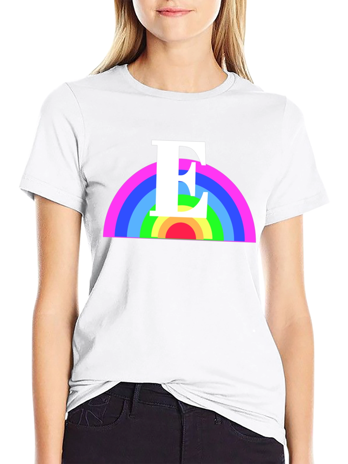Rainbow Initial E T-Shirt - Black Graphic Tee