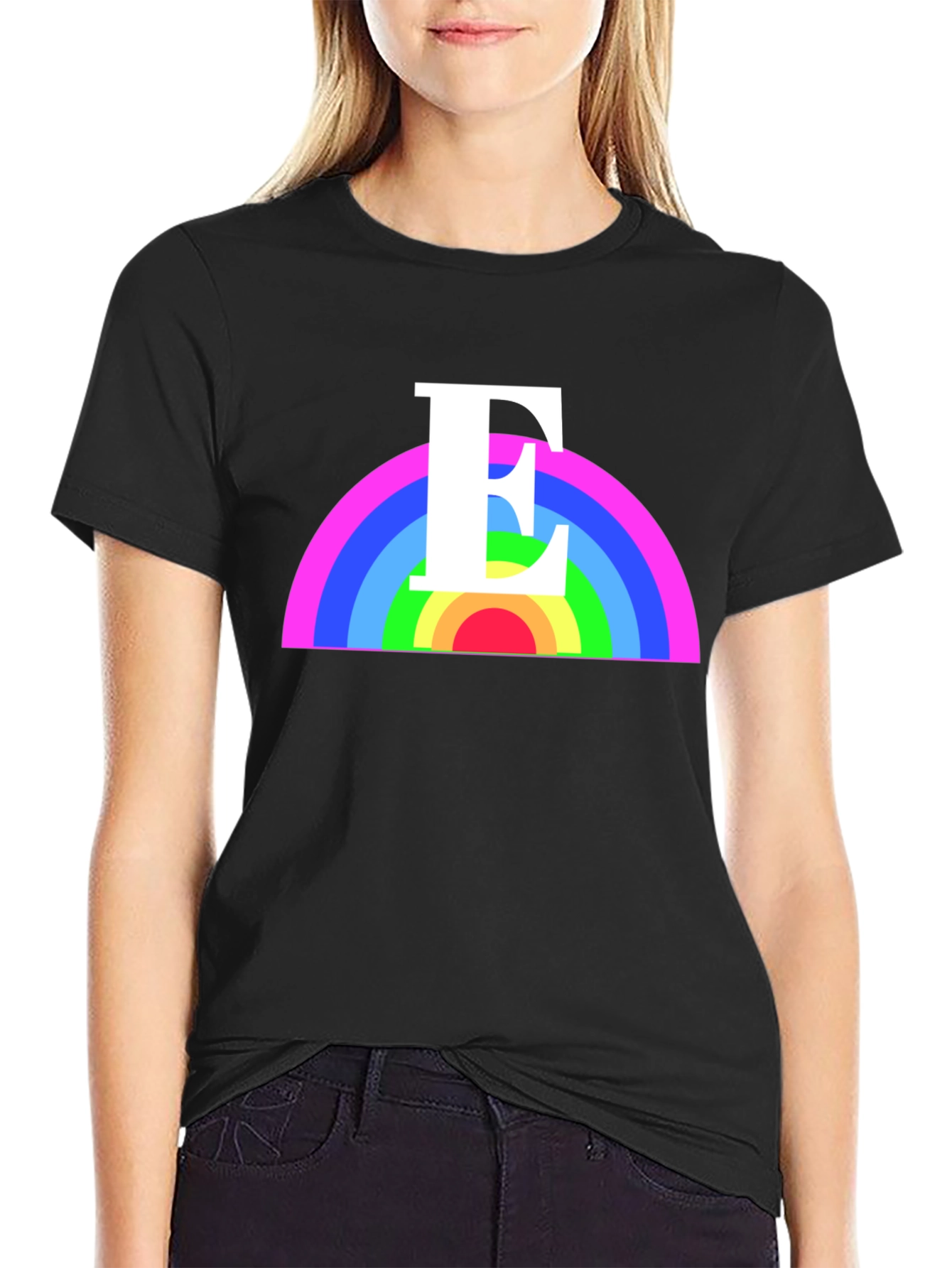 Rainbow Initial E T-Shirt - Black Graphic Tee
