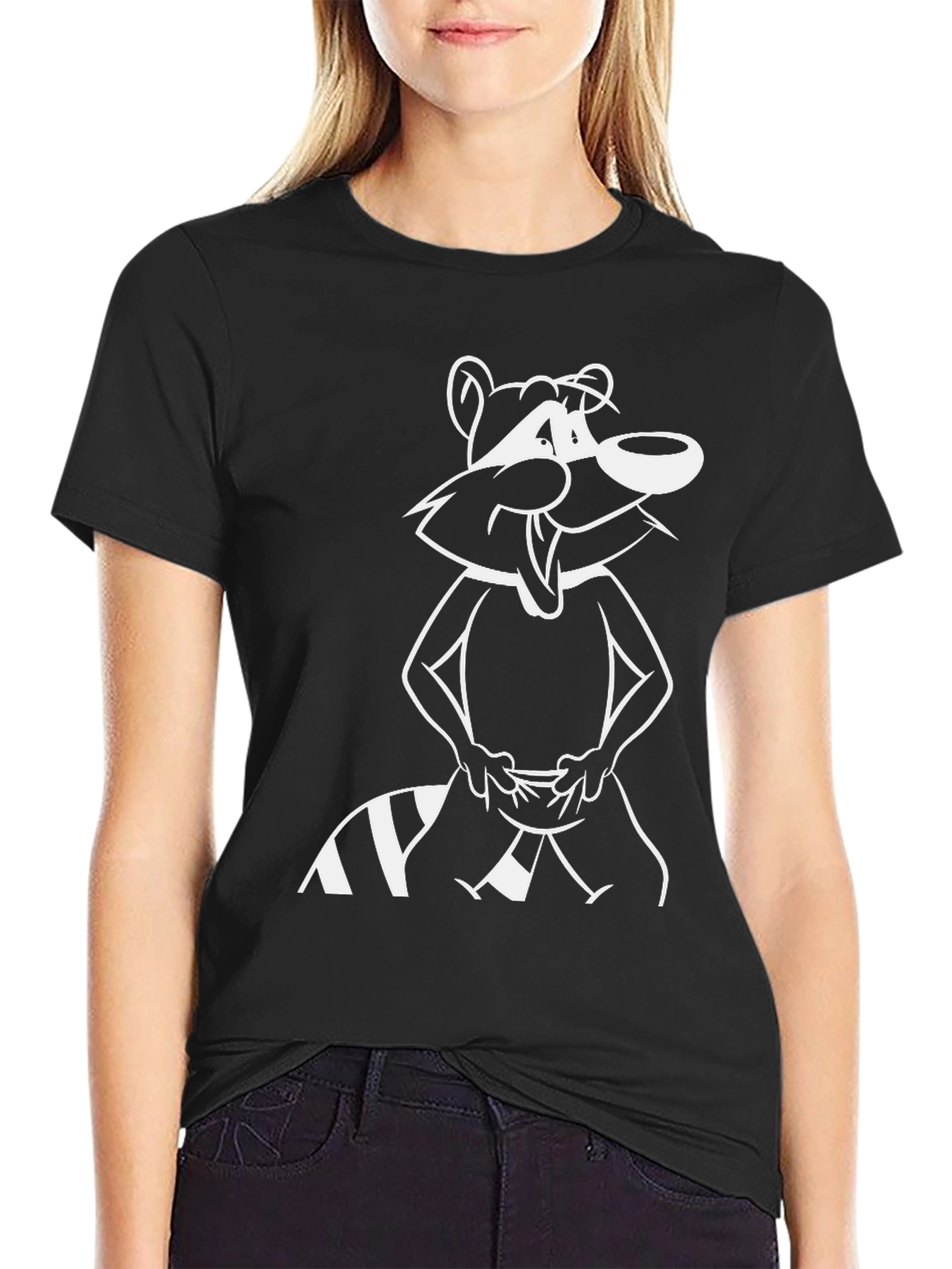 Cartoon Raccoon Graphic Tee - Black