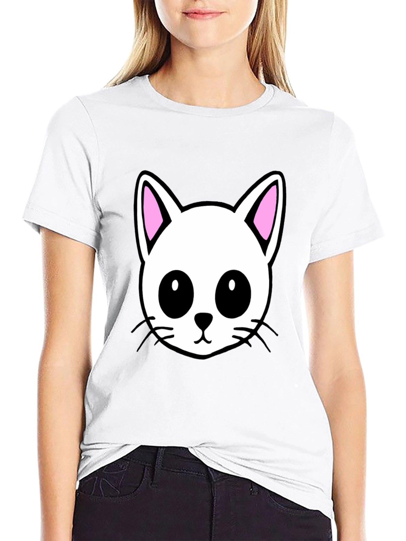 Cute Cartoon Cat Graphic Black T-Shirt