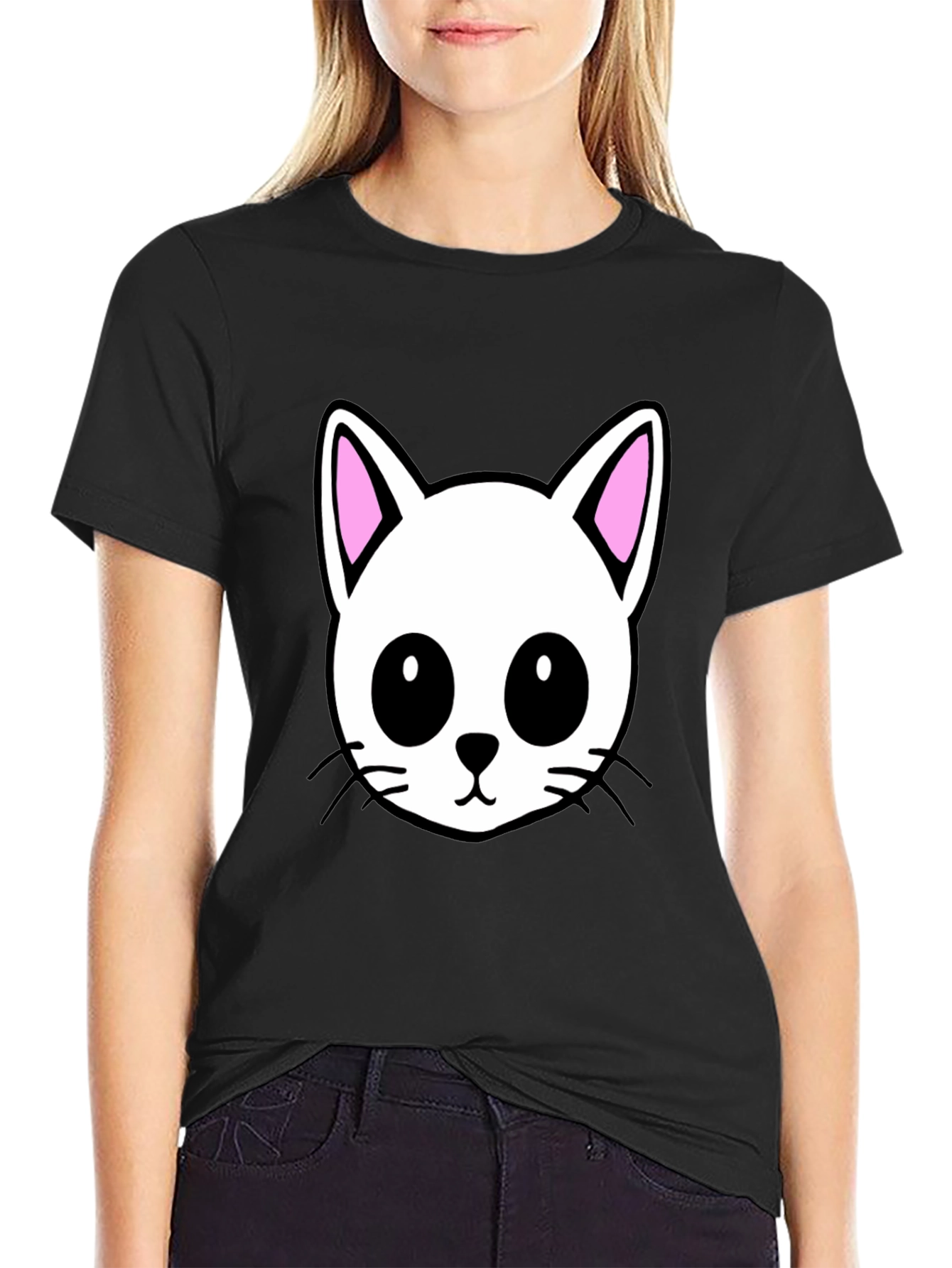 Cute Cartoon Cat Graphic Black T-Shirt