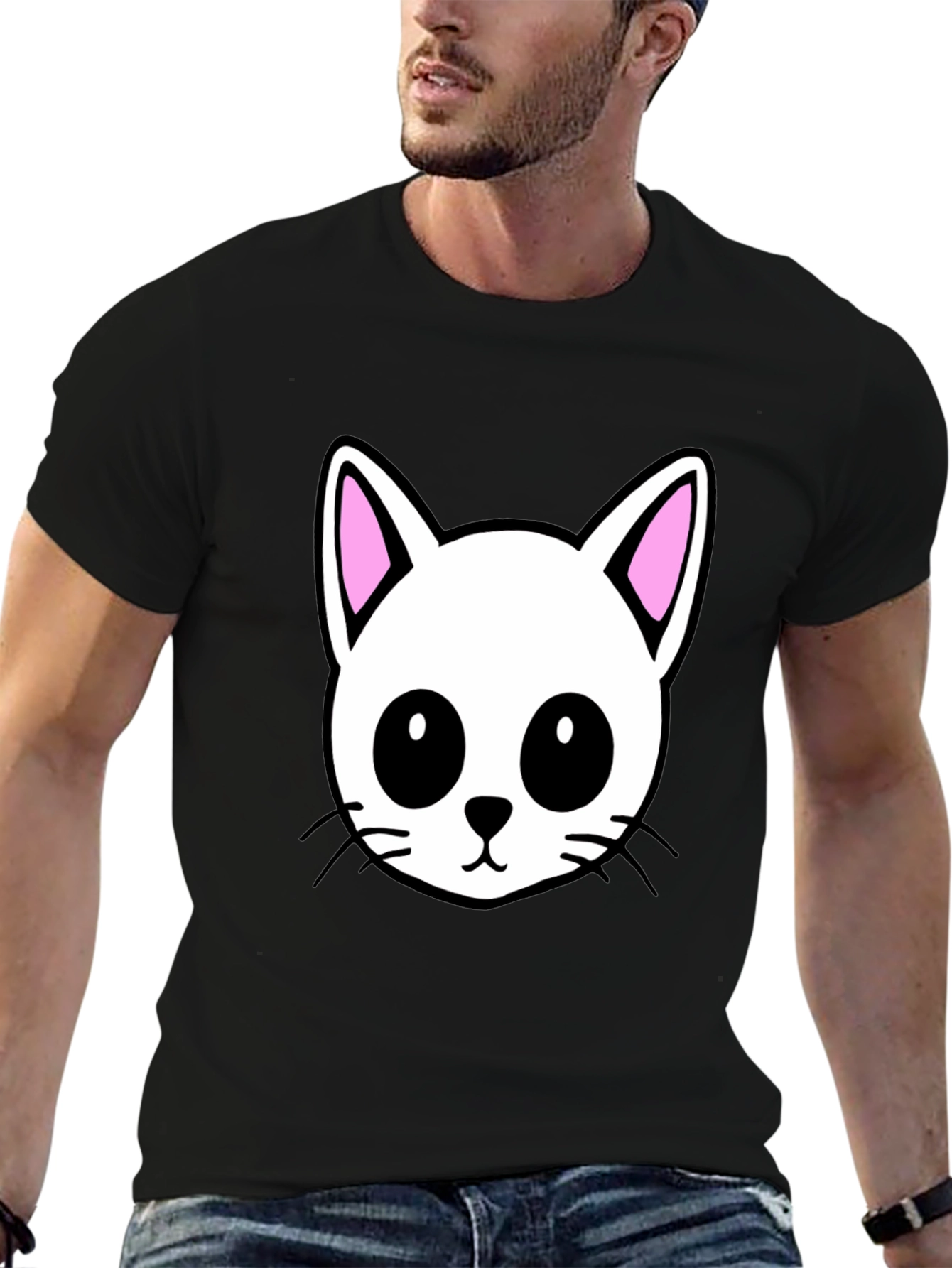 Cute Cartoon Cat Graphic Black T-Shirt