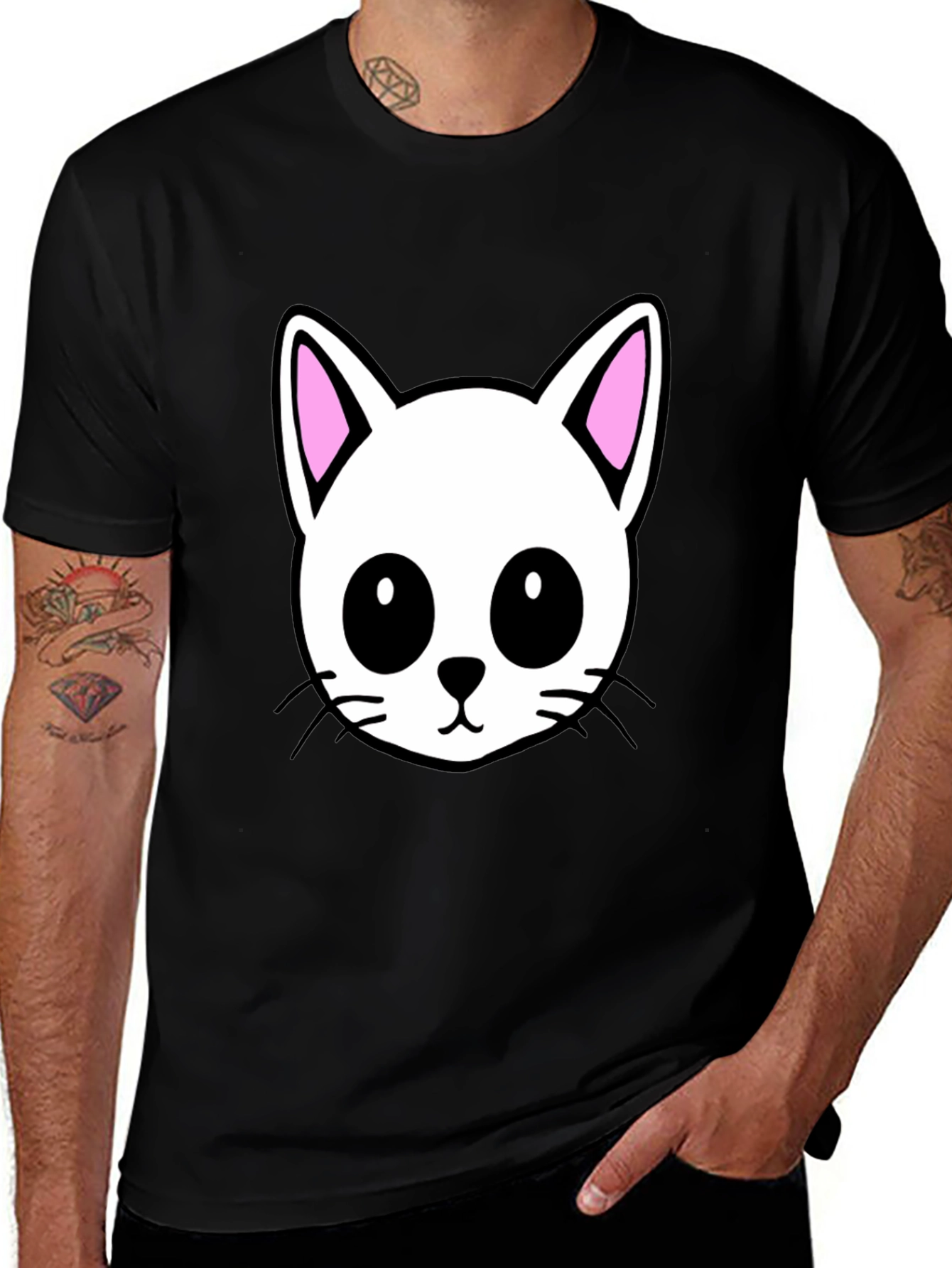 Cute Cartoon Cat Graphic Black T-Shirt