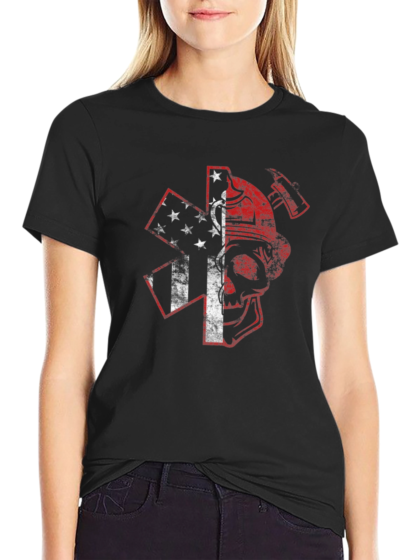 American Firefighter Skull Graphic T-Shirt