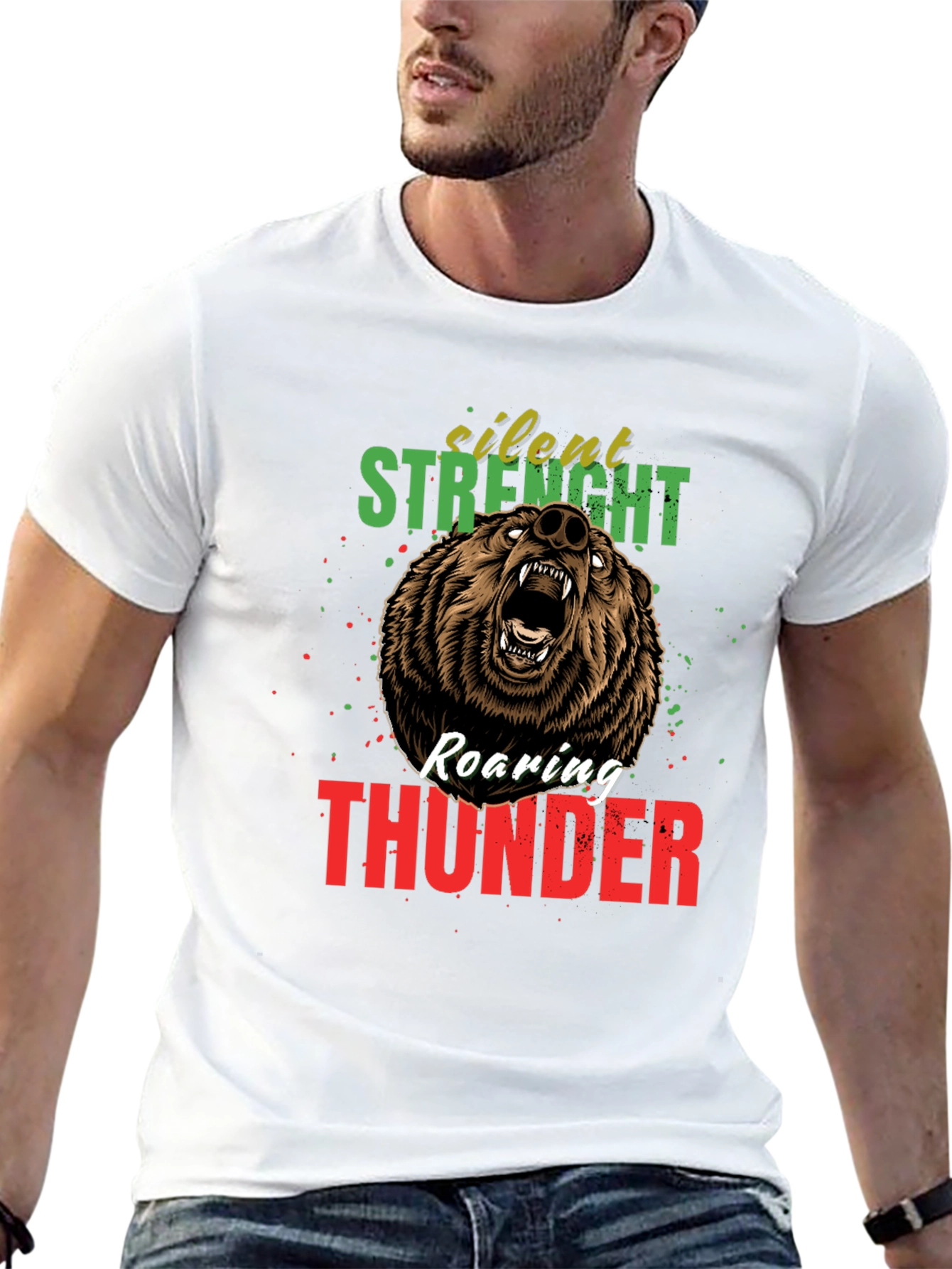 Silent Strength Roaring Thunder Bear Graphic Tee