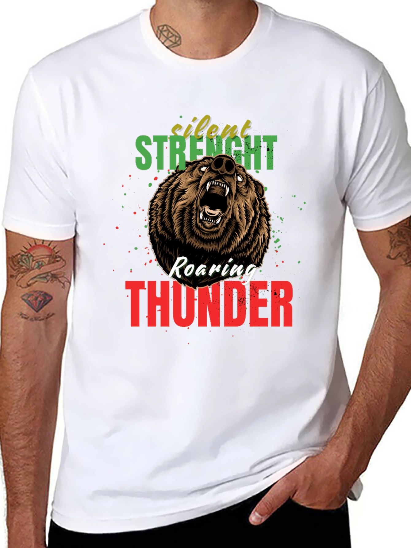 Silent Strength Roaring Thunder Bear Graphic Tee