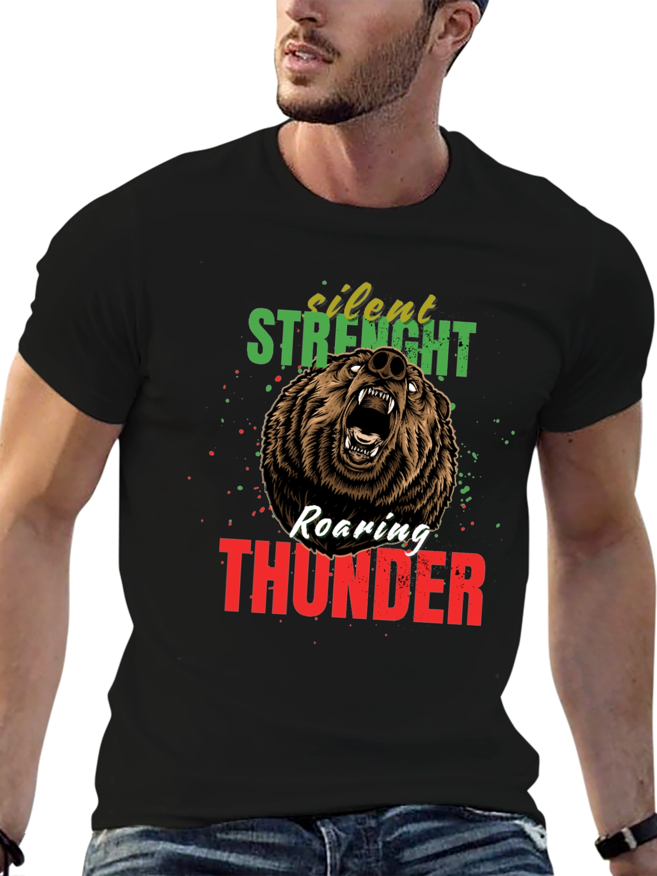 Silent Strength Roaring Thunder Bear Graphic Tee