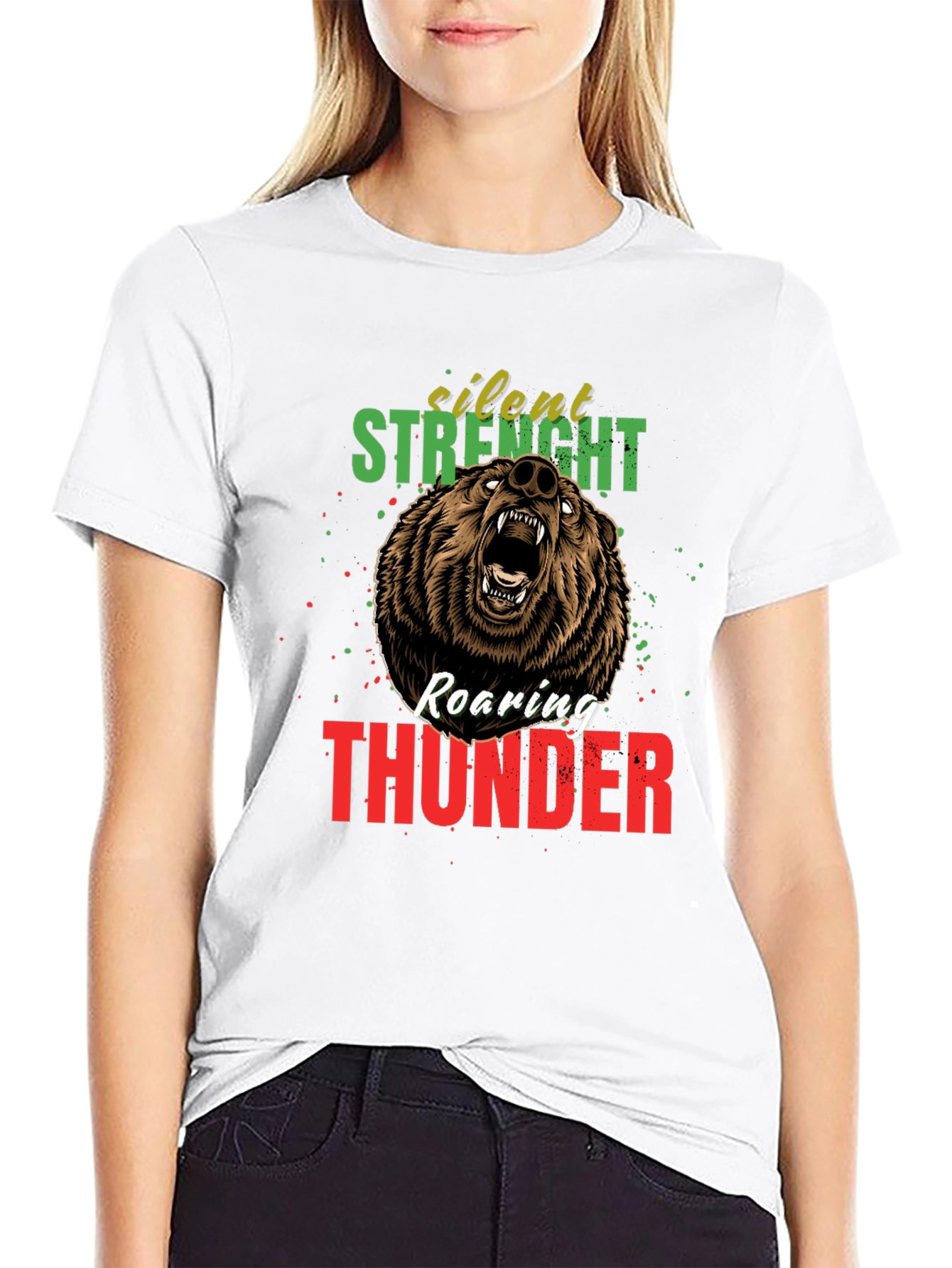 Silent Strength Roaring Thunder Bear Graphic Tee