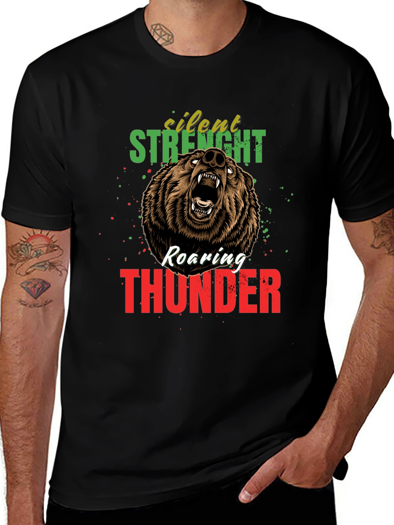 Silent Strength Roaring Thunder Bear Graphic Tee