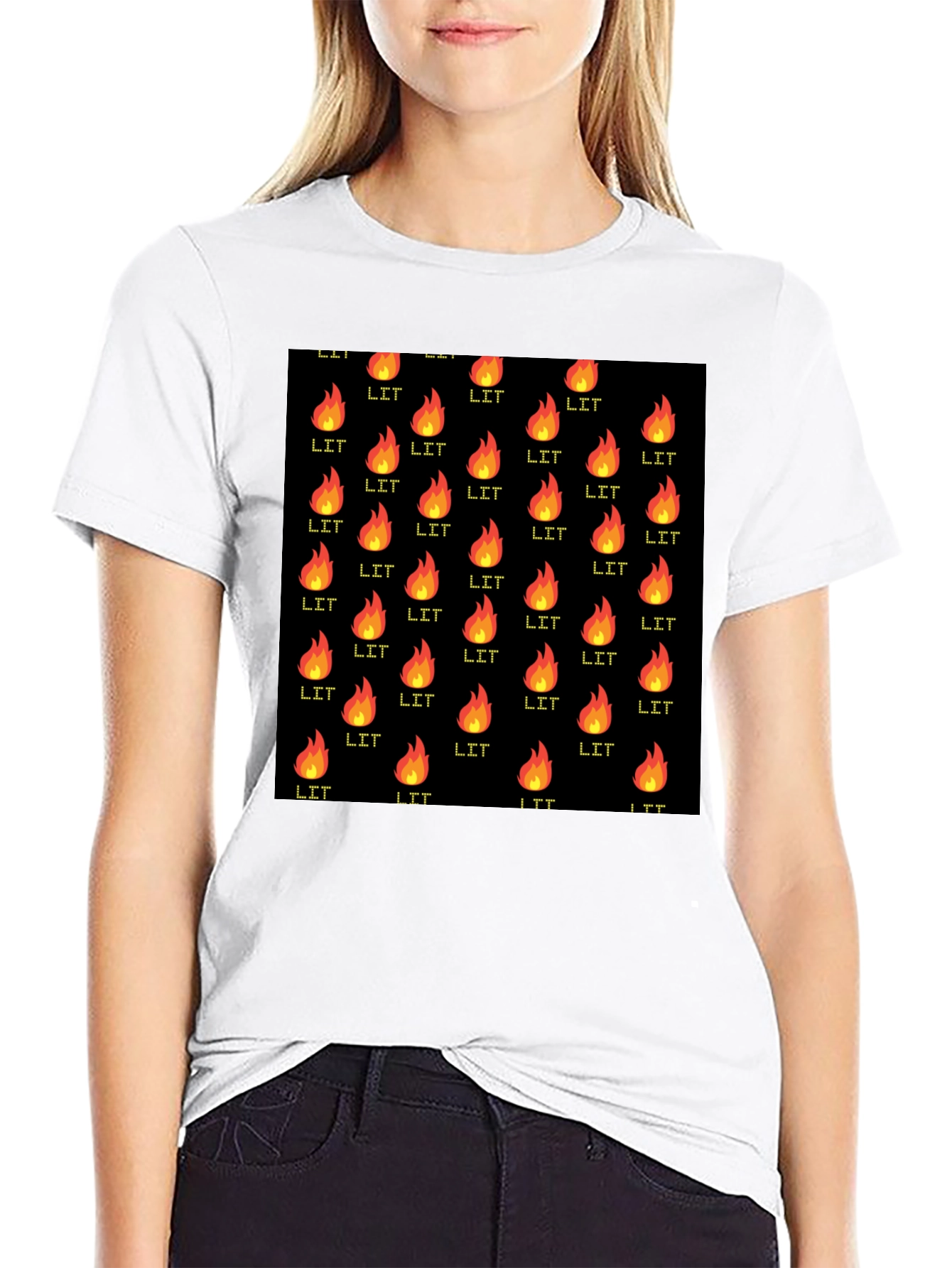 Black T-Shirt with Lit Fire Pattern