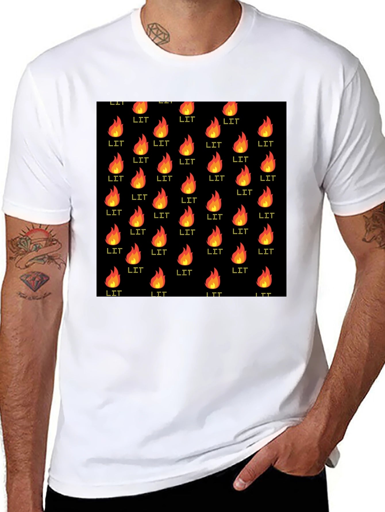 Black T-Shirt with Lit Fire Pattern