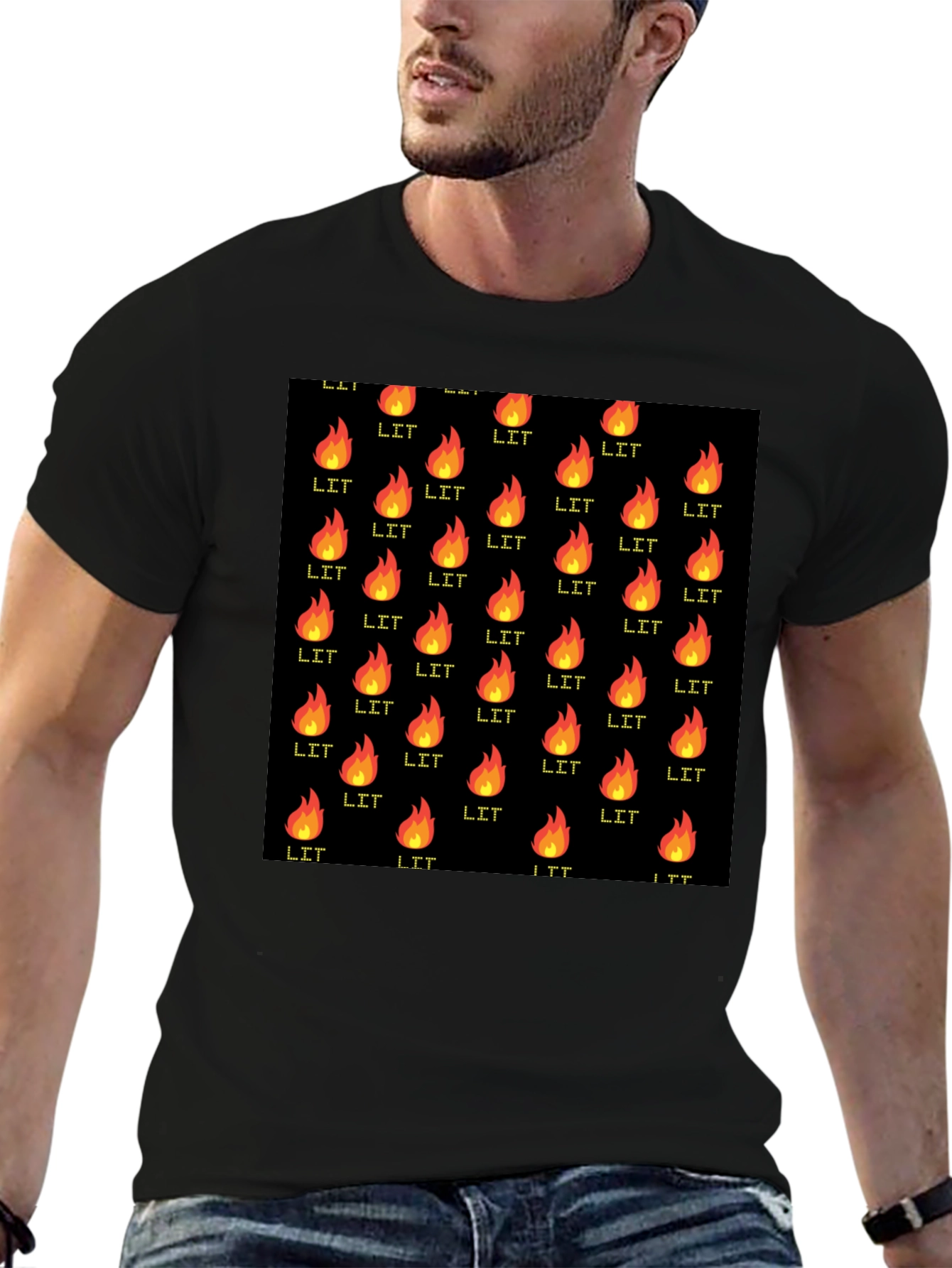 Black T-Shirt with Lit Fire Pattern