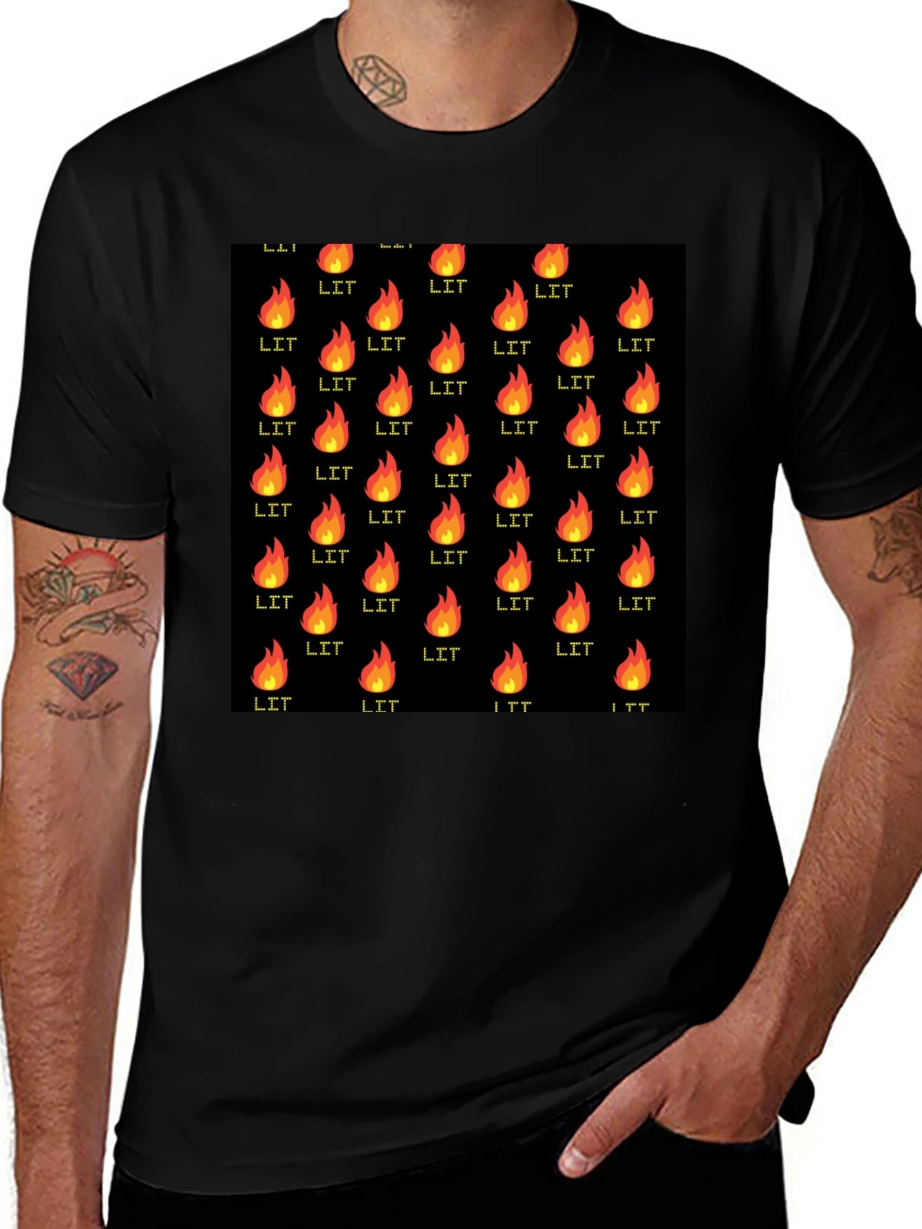 Black T-Shirt with Lit Fire Pattern
