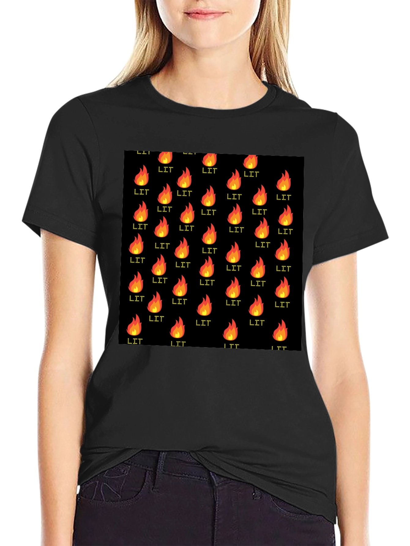 Black T-Shirt with Lit Fire Pattern