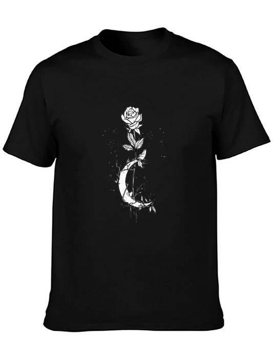 Rose and Moon Graphic Tee - Black Cotton