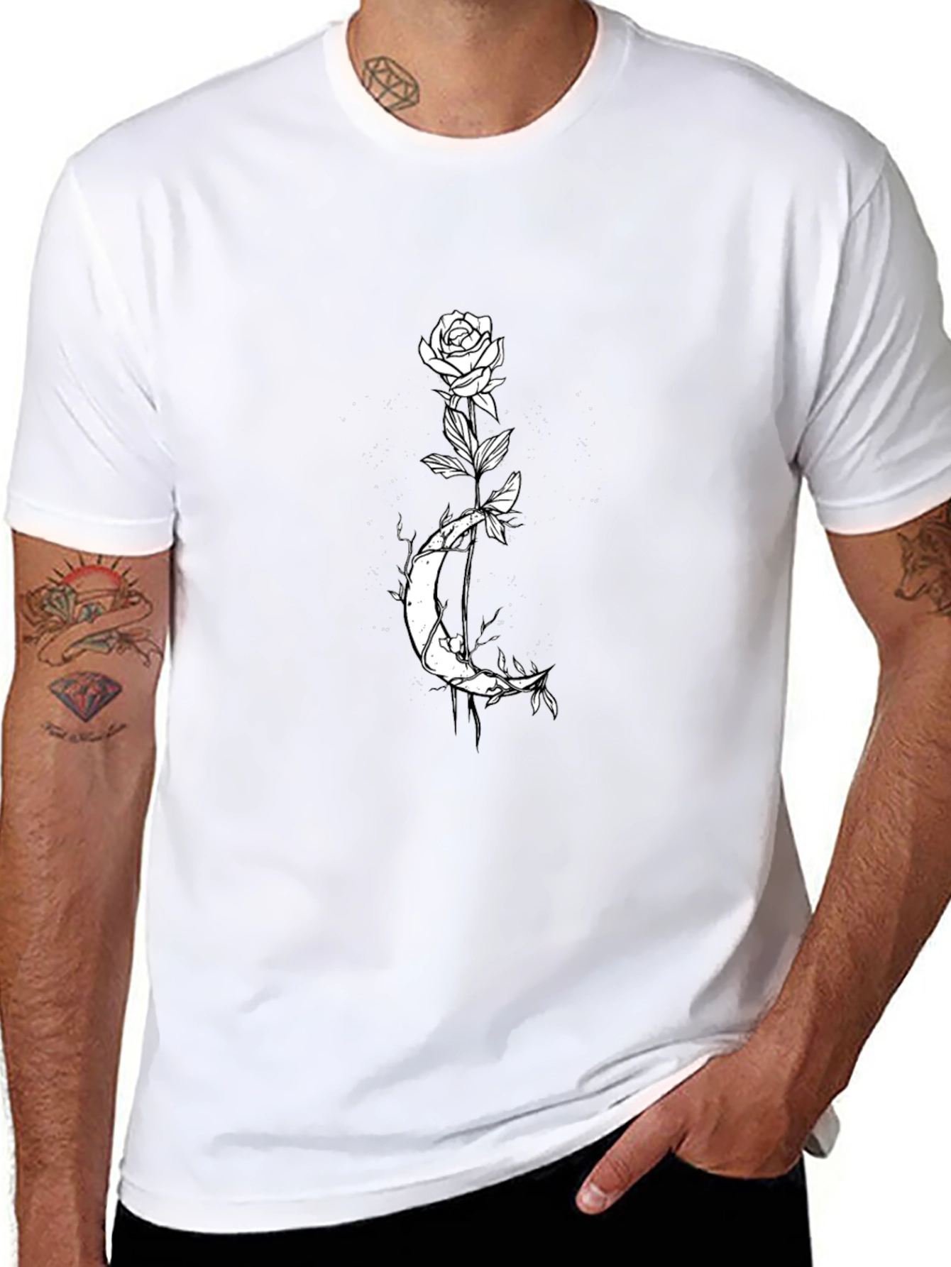 Rose and Moon Graphic Tee - Black Cotton