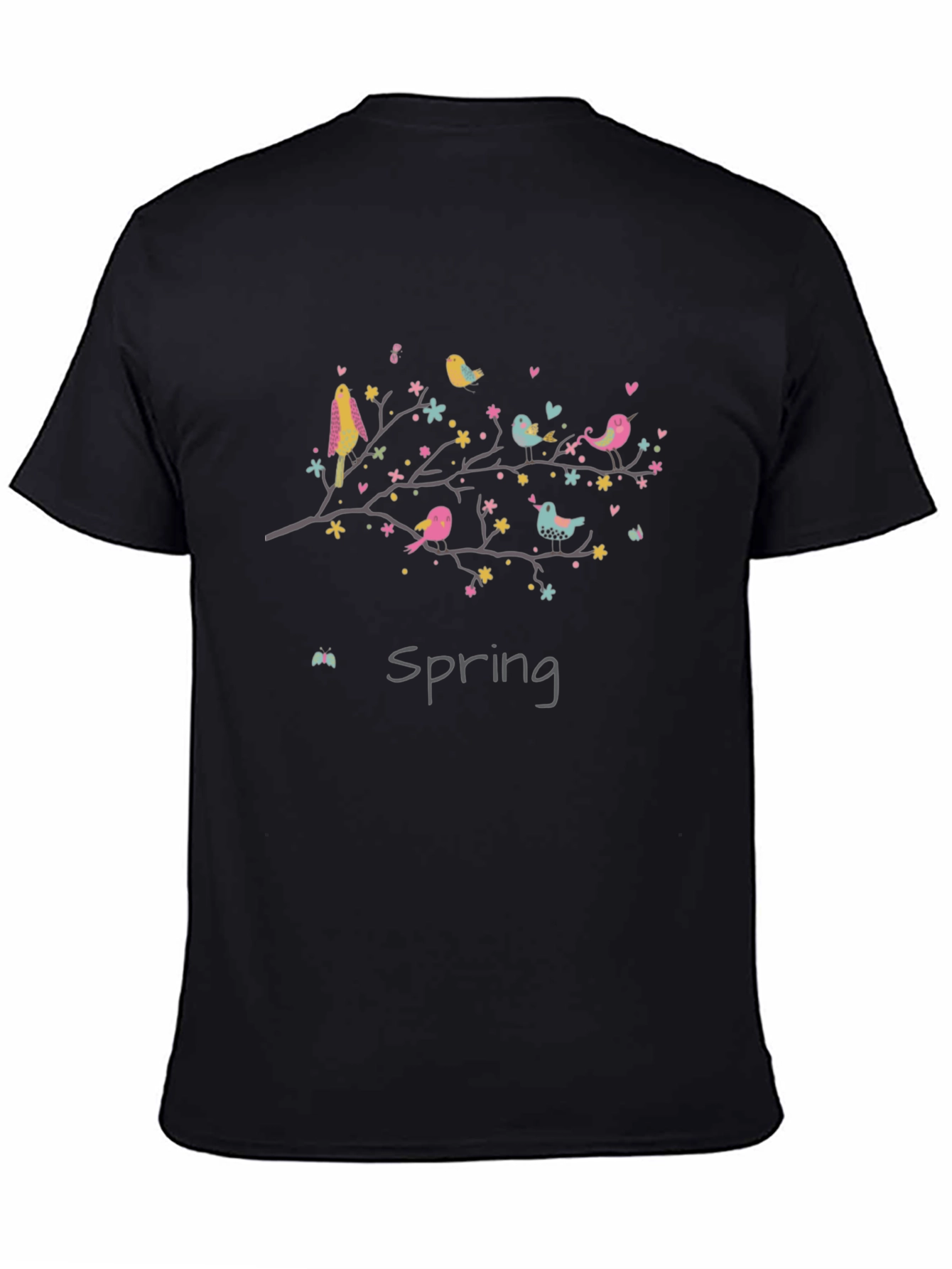 Spring Birds Graphic Tee - Black Cotton T-Shirt