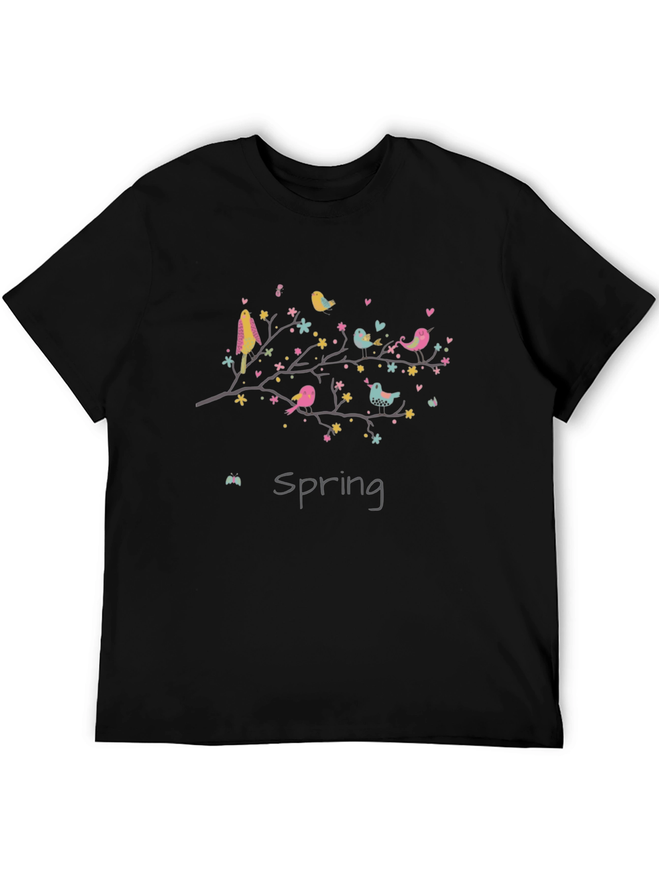 Spring Birds Graphic Tee - Black Cotton T-Shirt