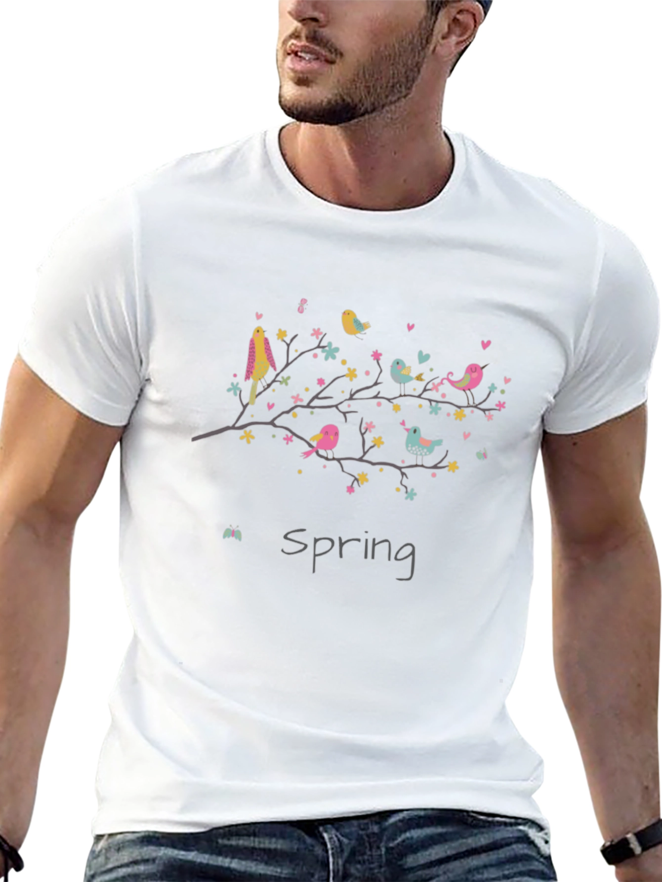 Spring Birds Graphic Tee - Black Cotton T-Shirt