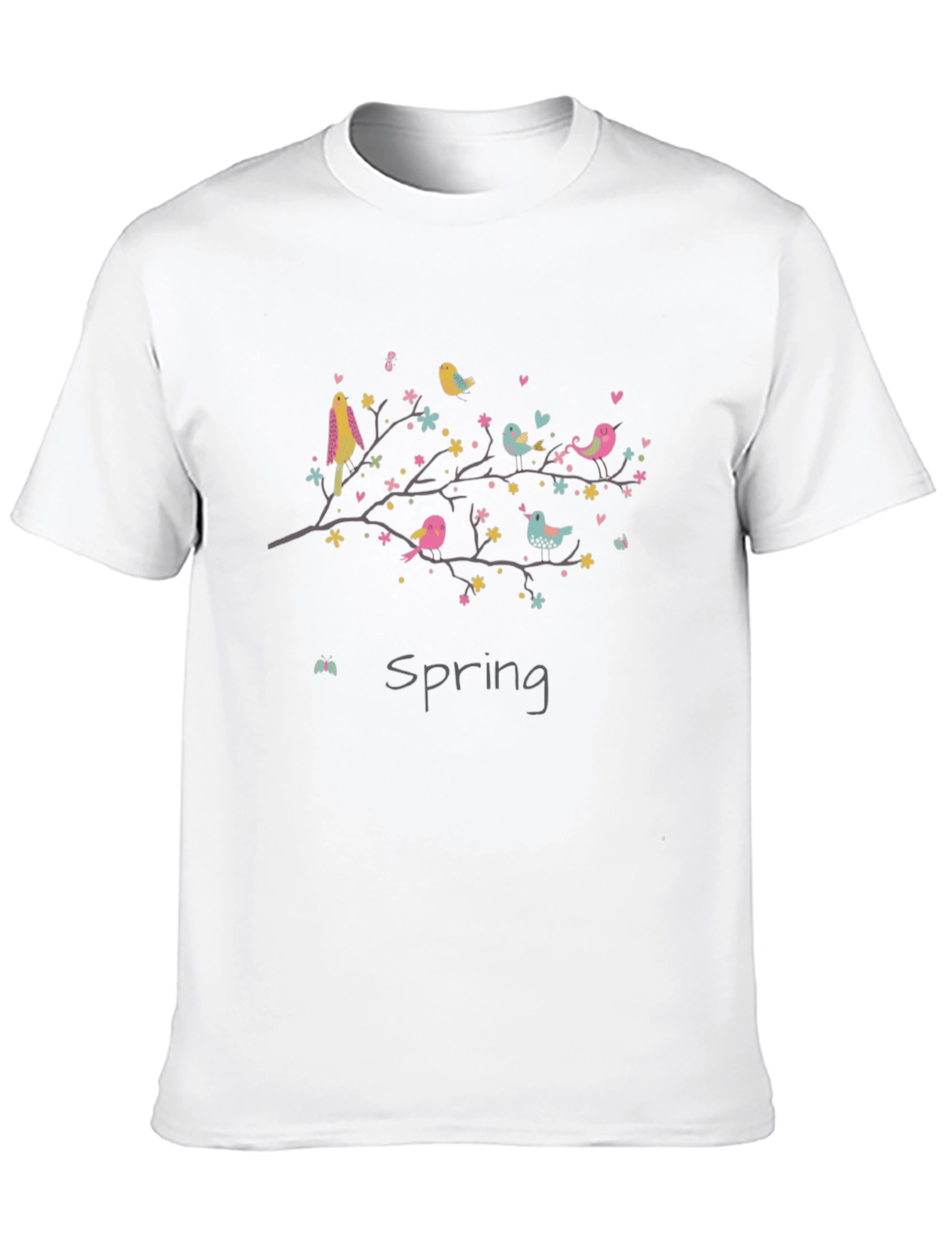 Spring Birds Graphic Tee - Black Cotton T-Shirt