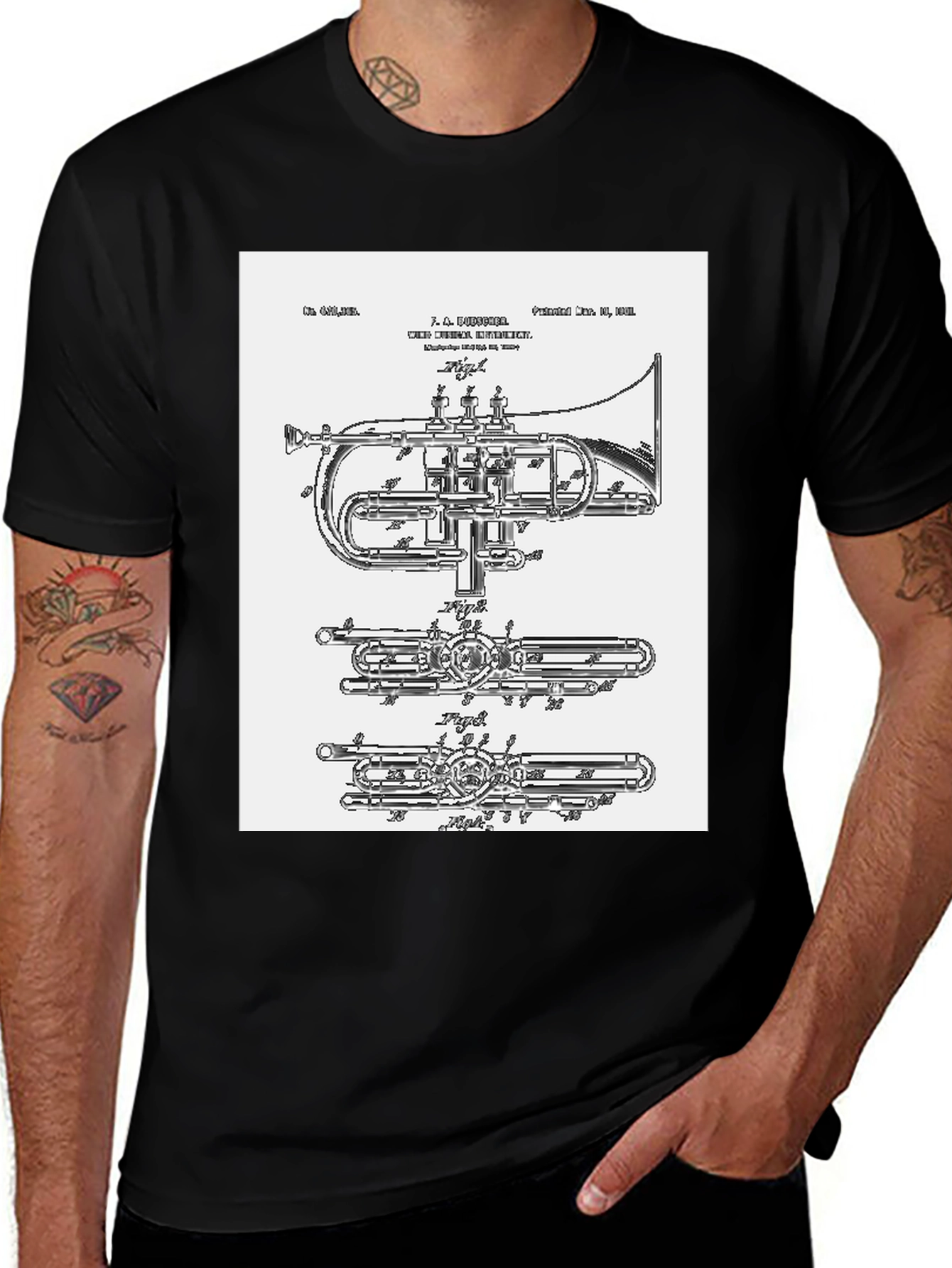 Black Trumpet Blueprint Graphic Tee