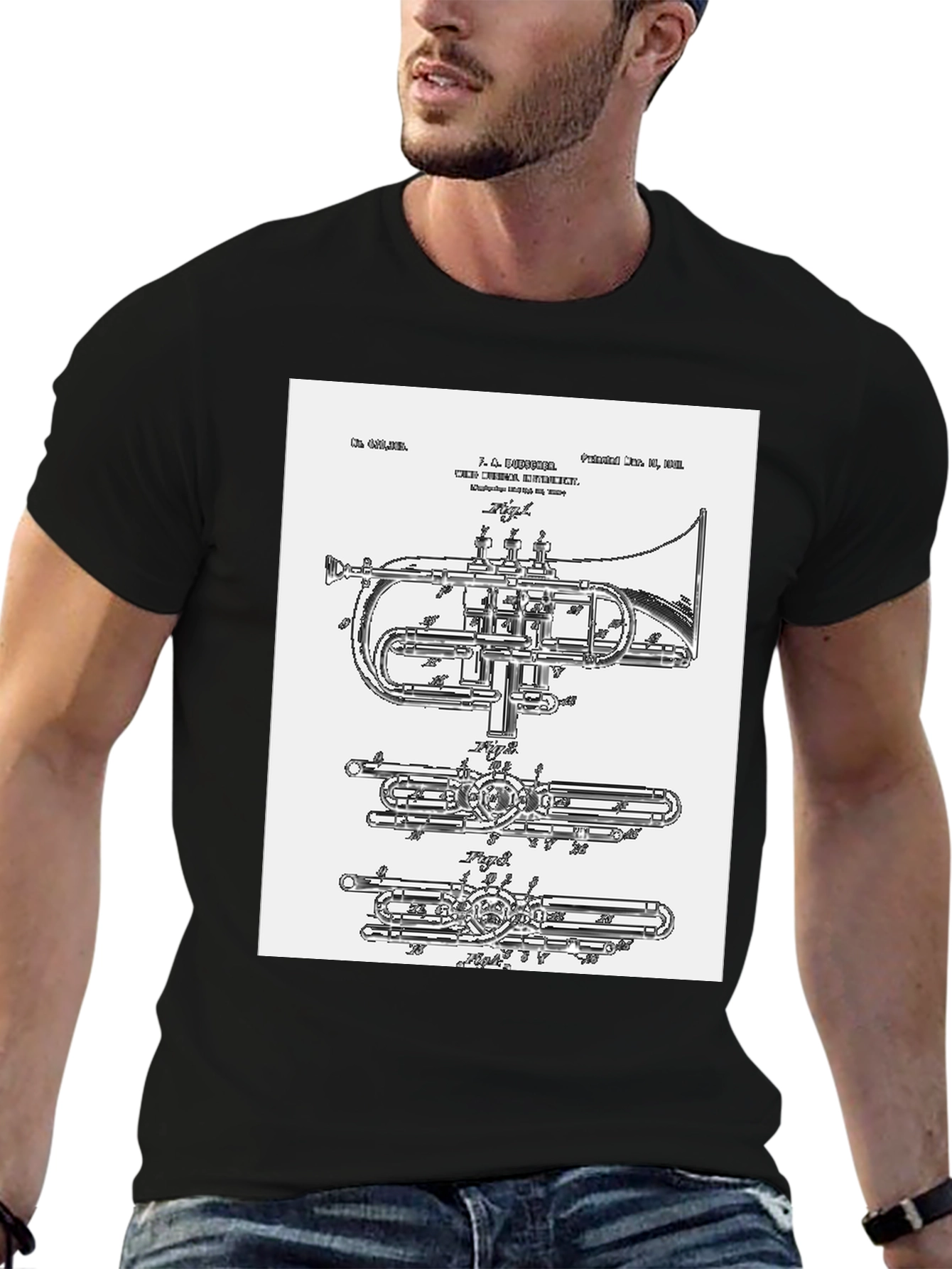 Black Trumpet Blueprint Graphic Tee