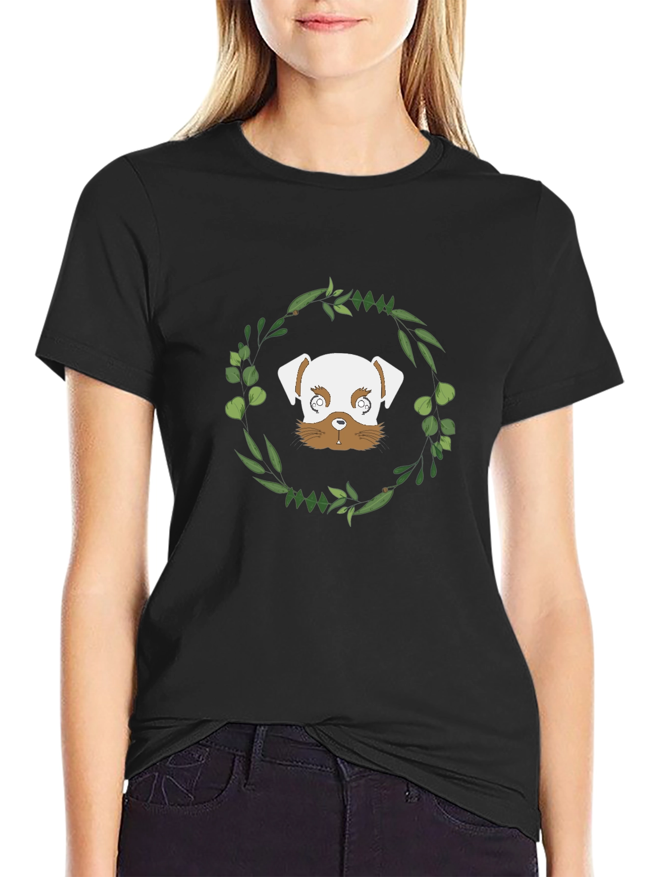 Dog & Wreath Graphic Black T-Shirt