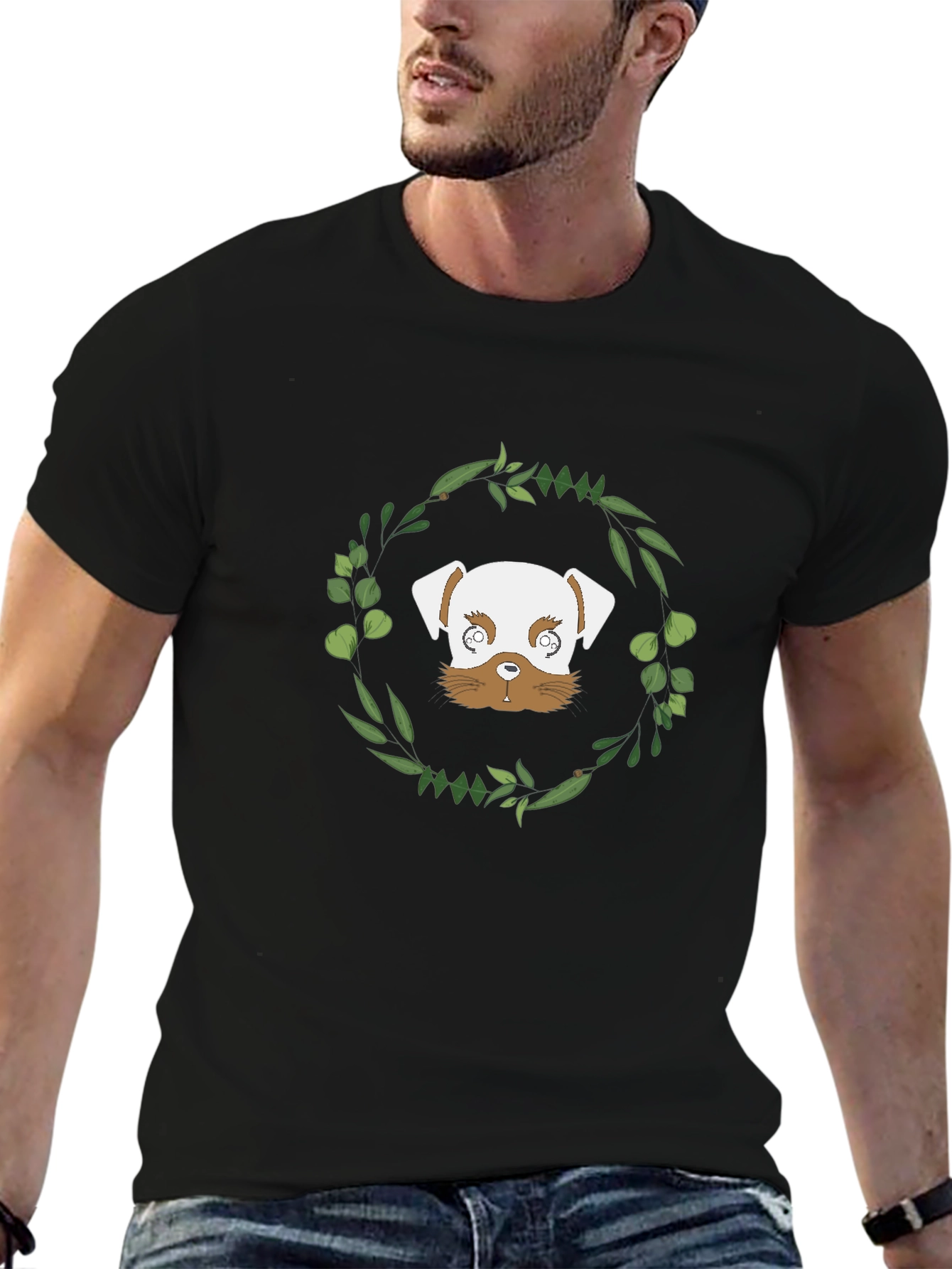 Dog & Wreath Graphic Black T-Shirt