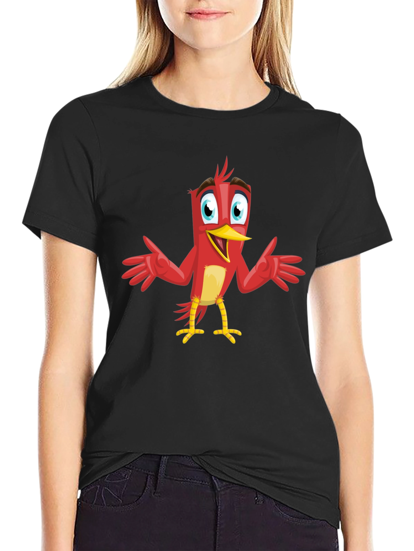 Cartoon Bird Graphic Tee - Black