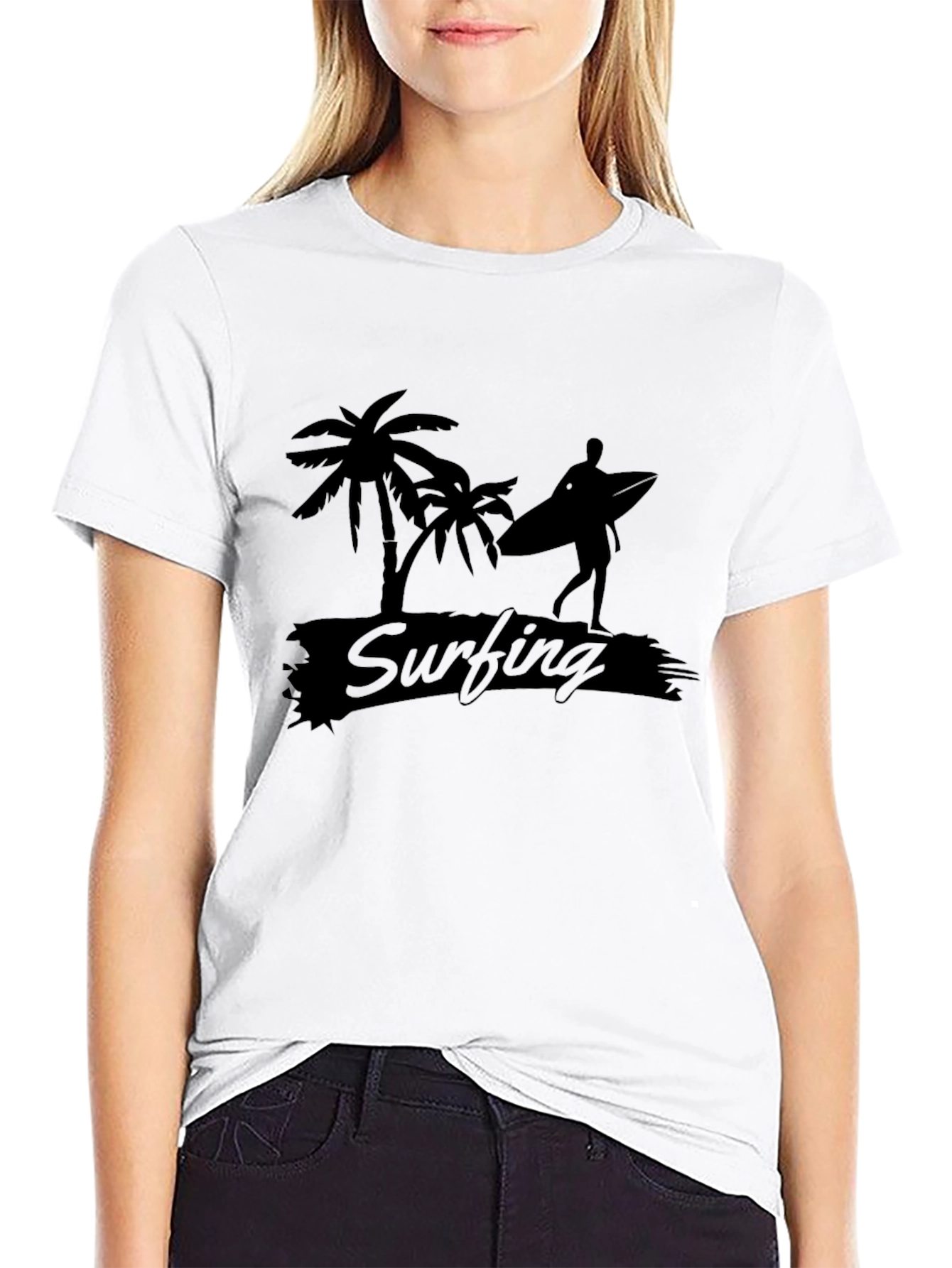Black Surfing Graphic Tee - Palm Tree Beach Vibes
