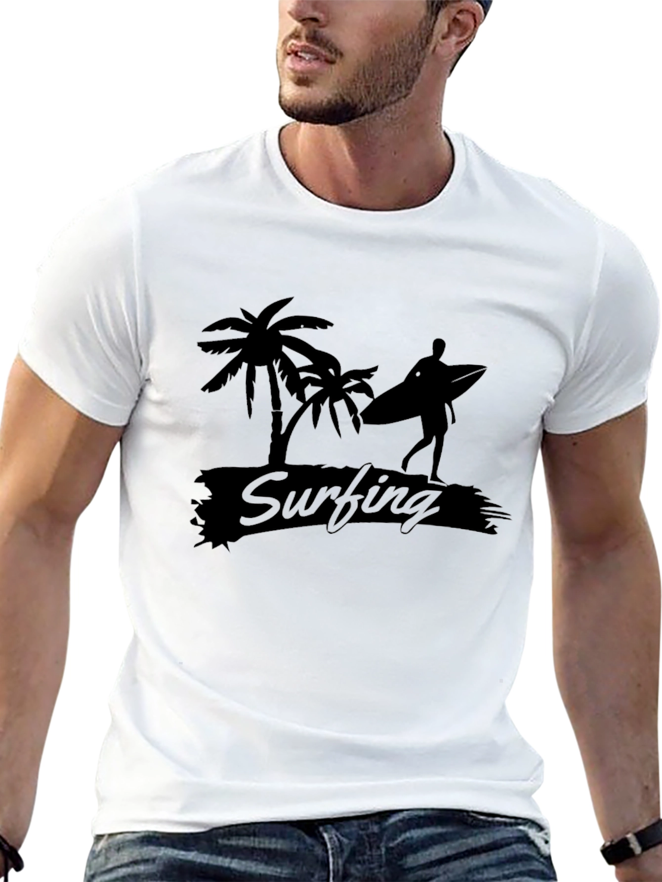 Black Surfing Graphic Tee - Palm Tree Beach Vibes