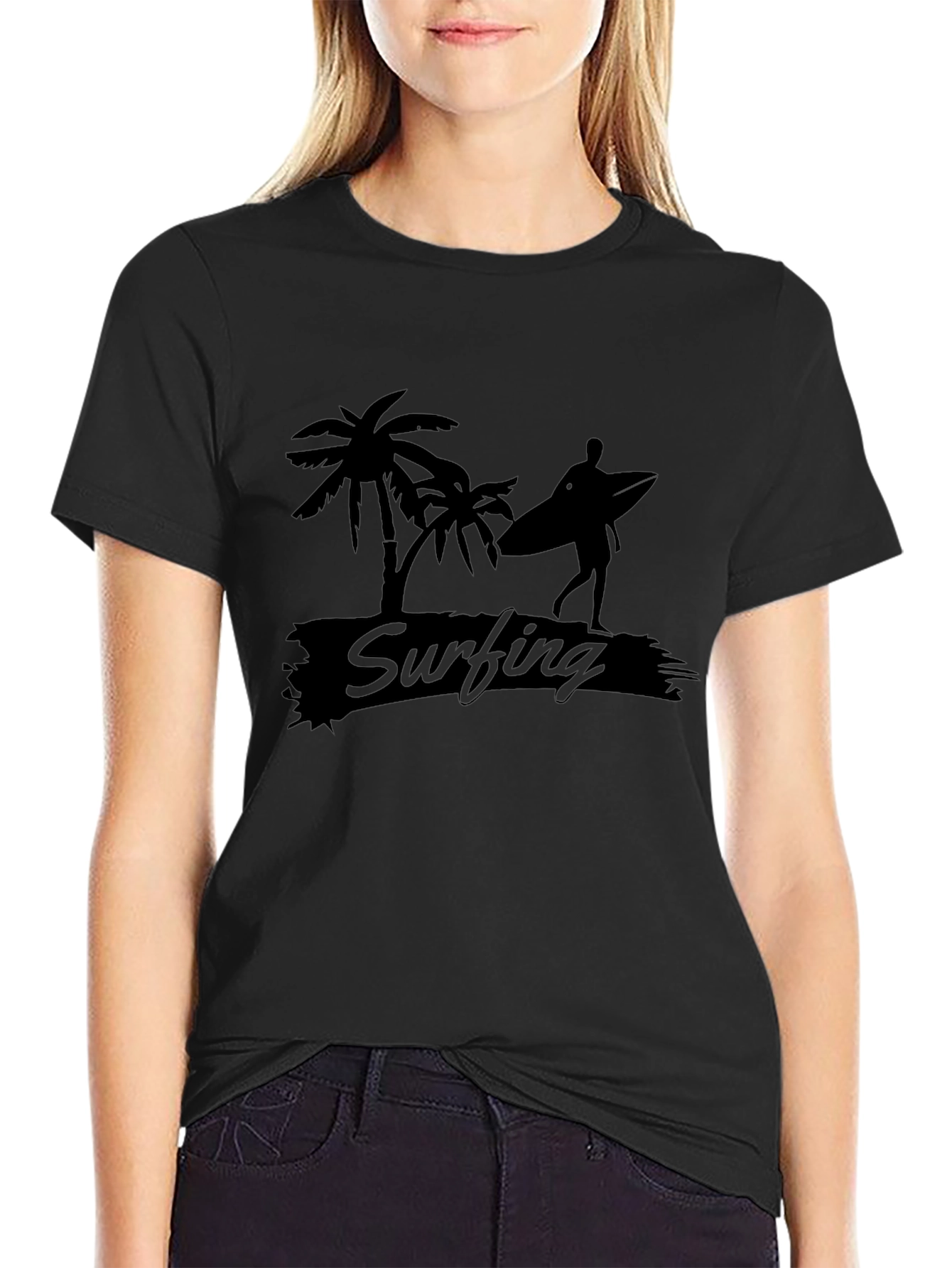 Black Surfing Graphic Tee - Palm Tree Beach Vibes