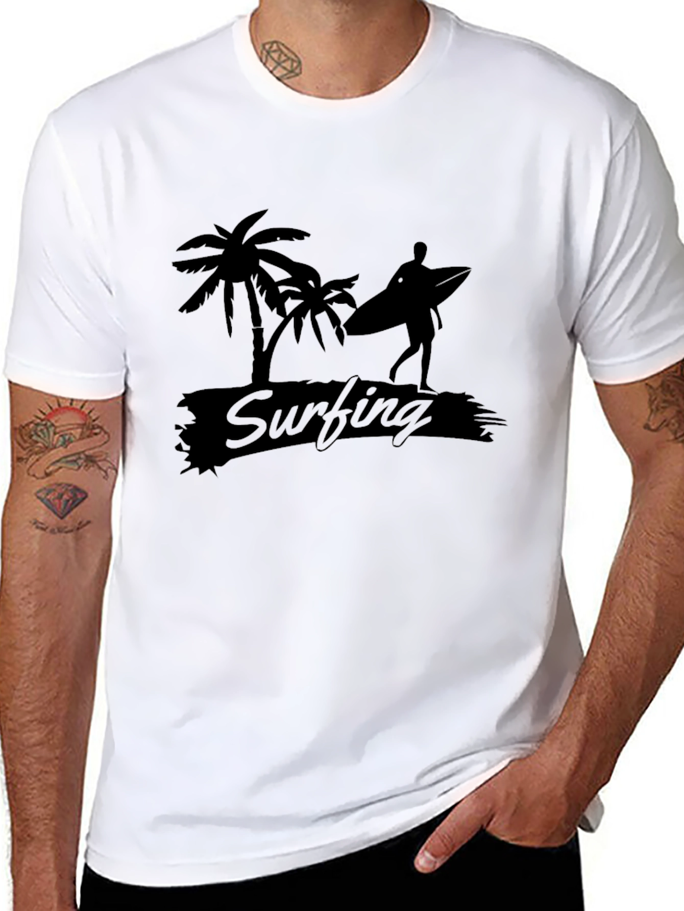 Black Surfing Graphic Tee - Palm Tree Beach Vibes