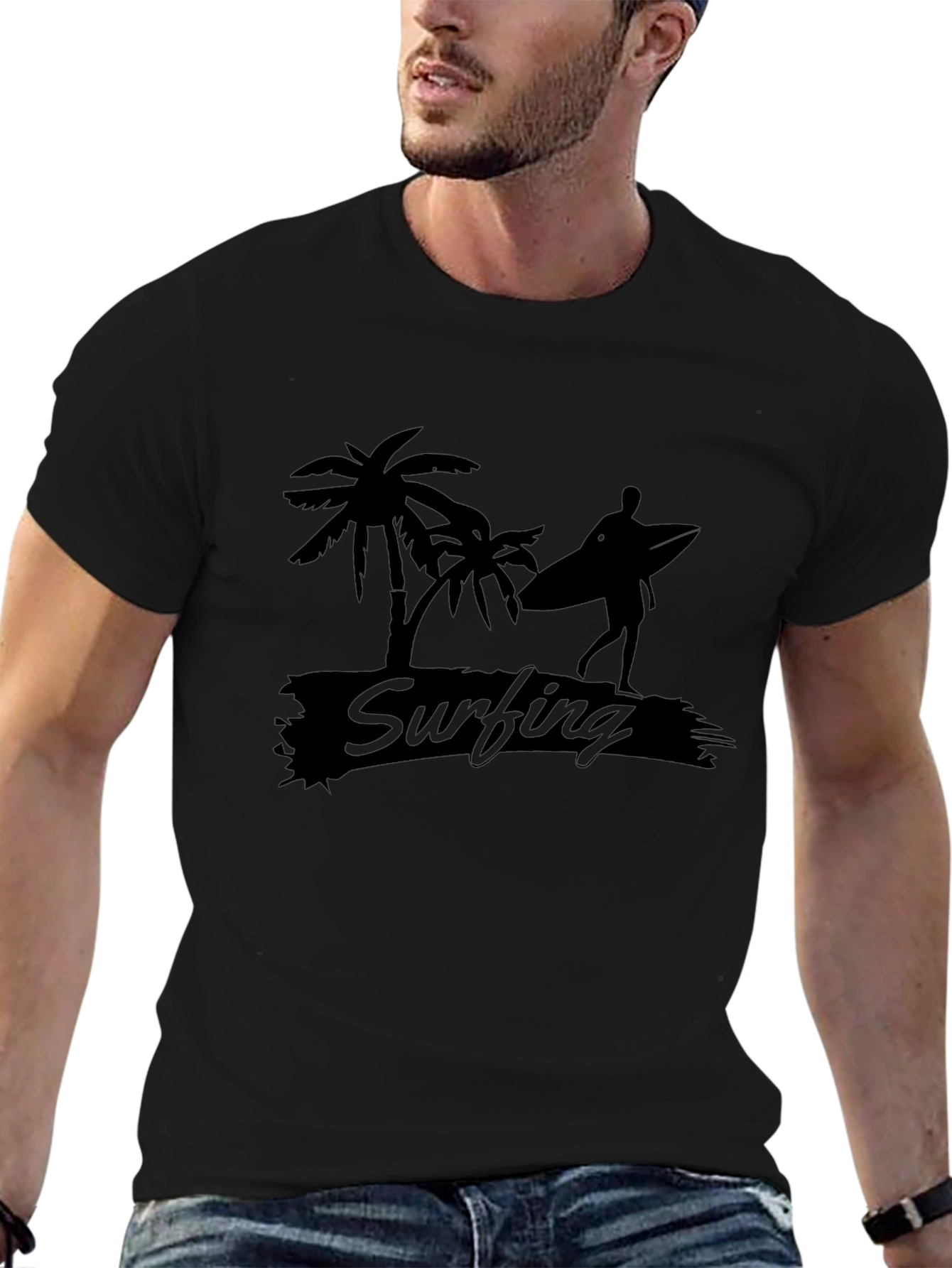 Black Surfing Graphic Tee - Palm Tree Beach Vibes