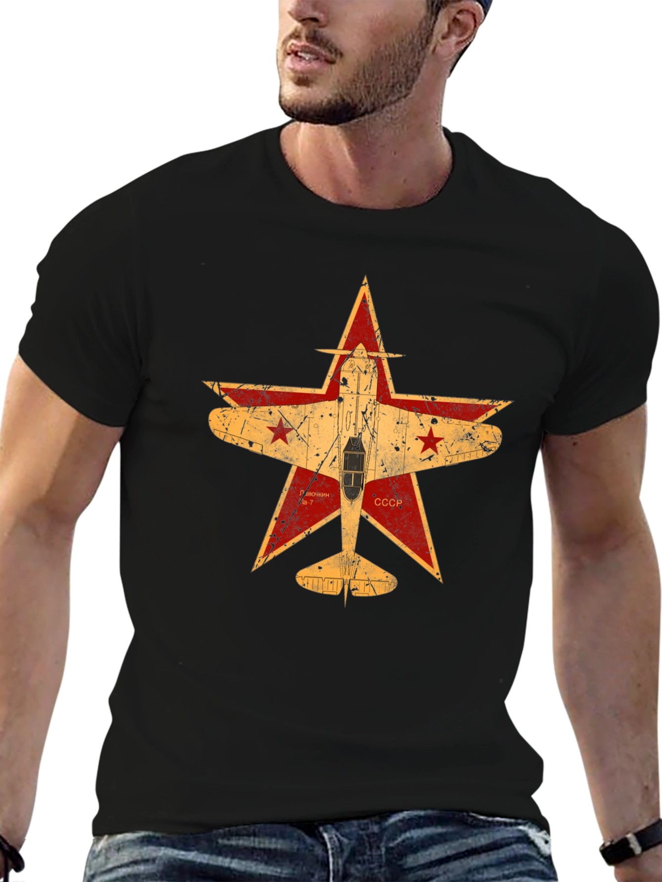 Retro Soviet Airplane Star Graphic Tee - Black