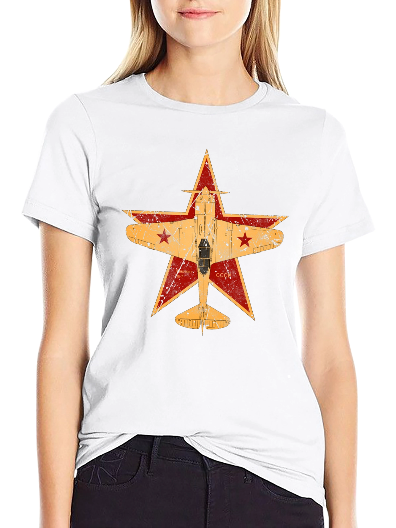 Retro Soviet Airplane Star Graphic Tee - Black