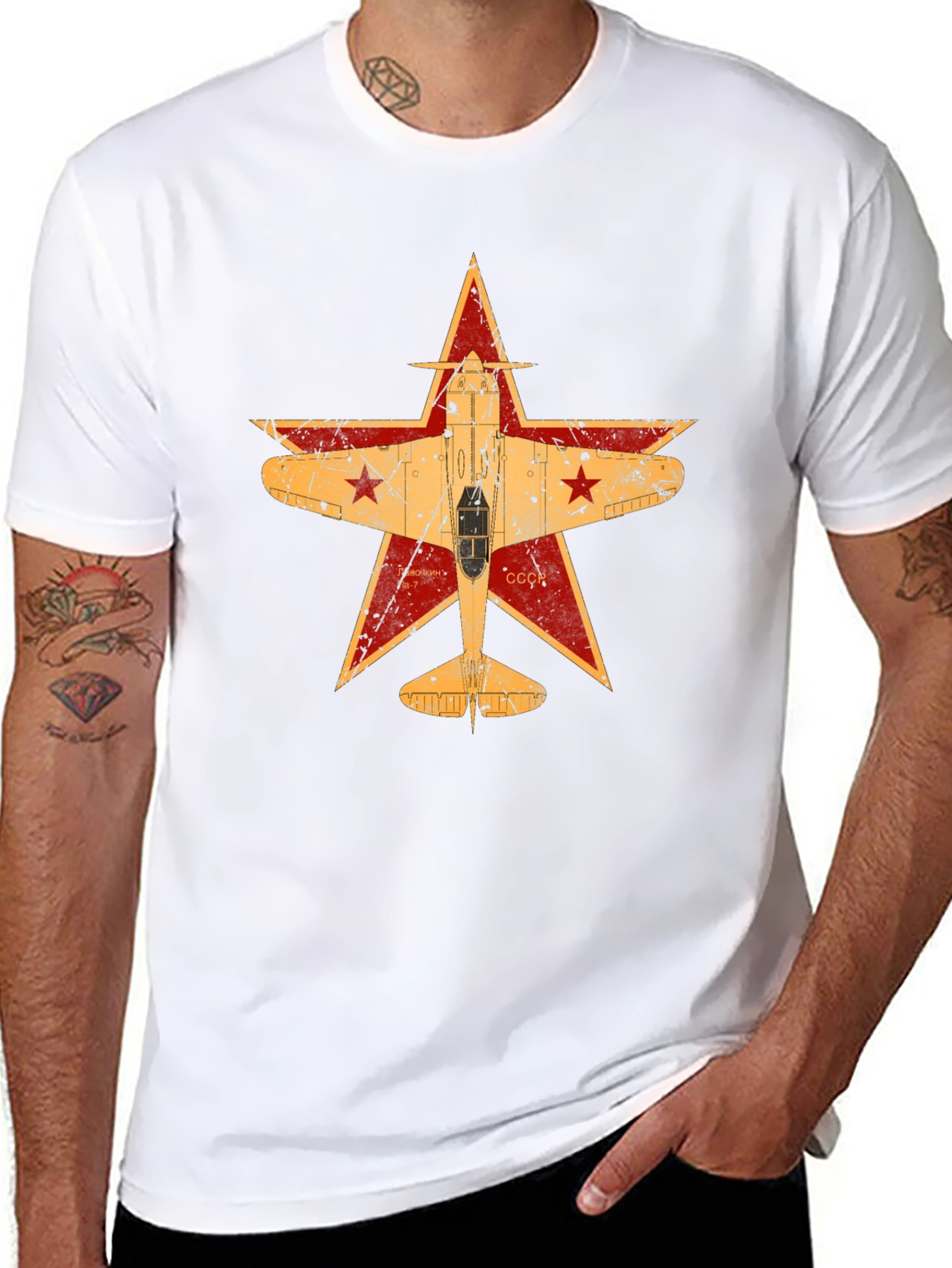 Retro Soviet Airplane Star Graphic Tee - Black