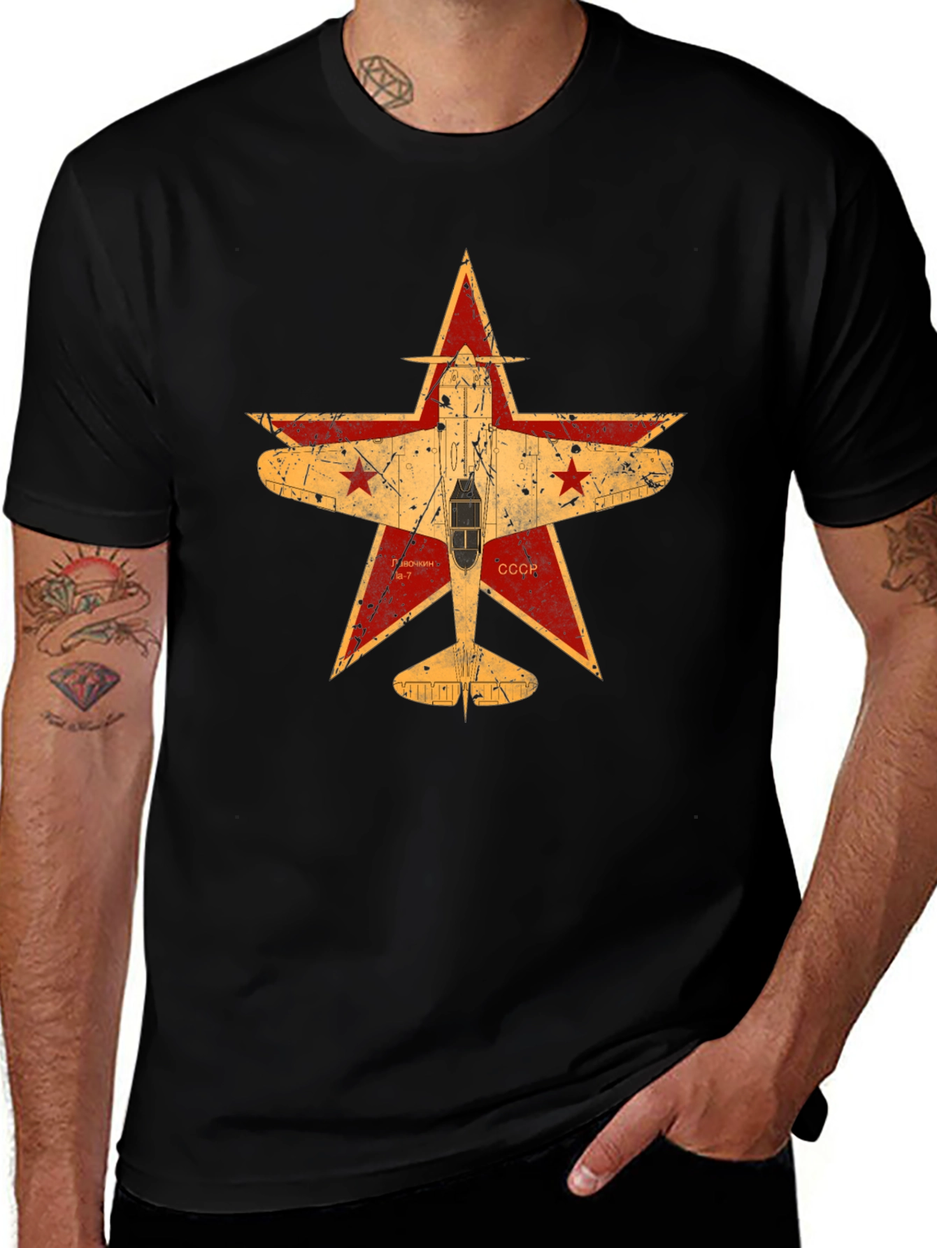 Retro Soviet Airplane Star Graphic Tee - Black