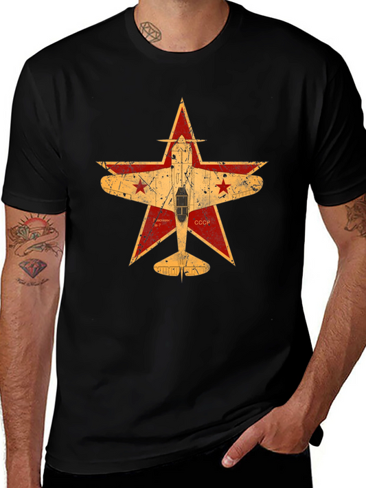 Retro Soviet Airplane Star Graphic Tee - Black