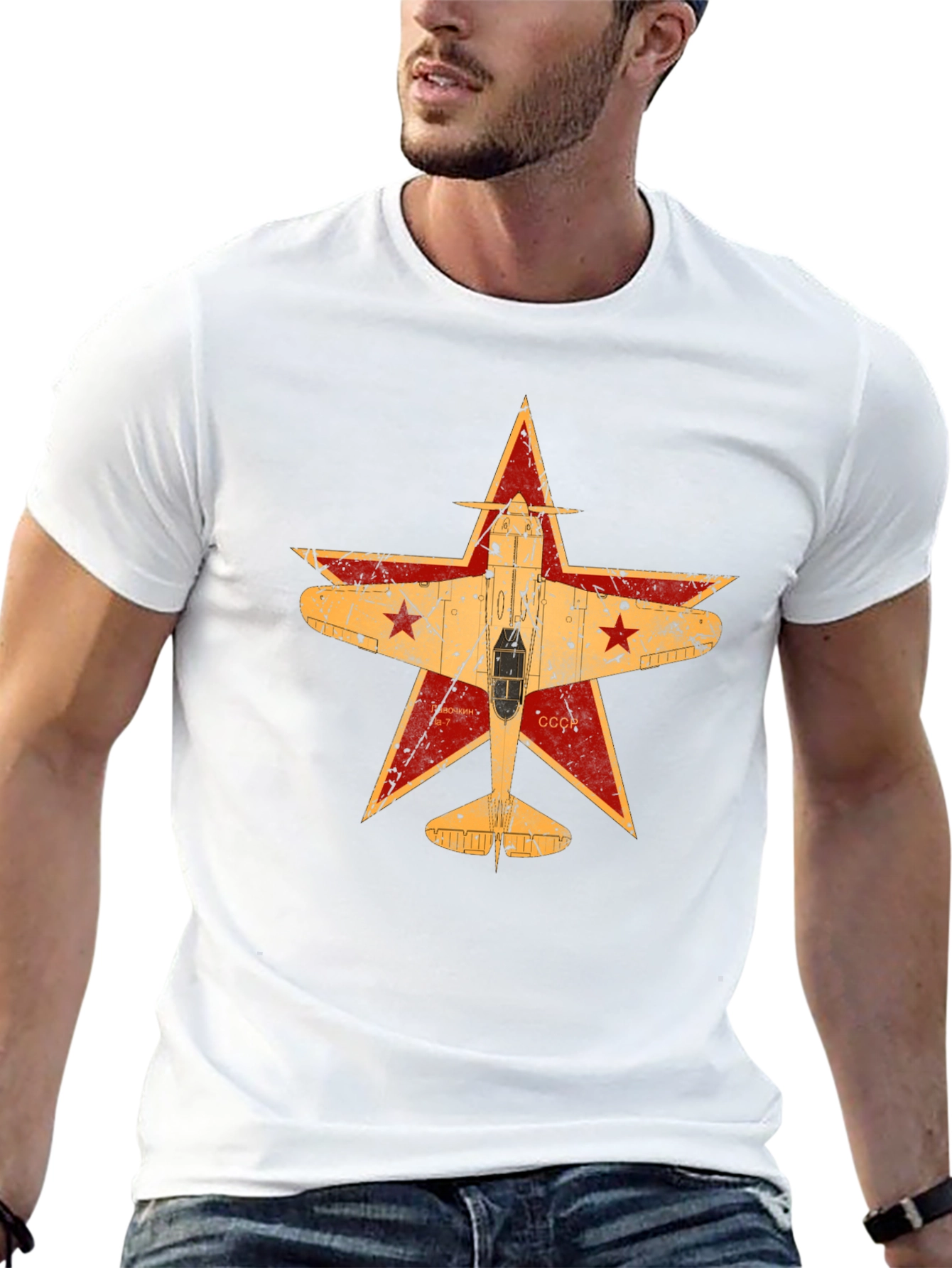 Retro Soviet Airplane Star Graphic Tee - Black