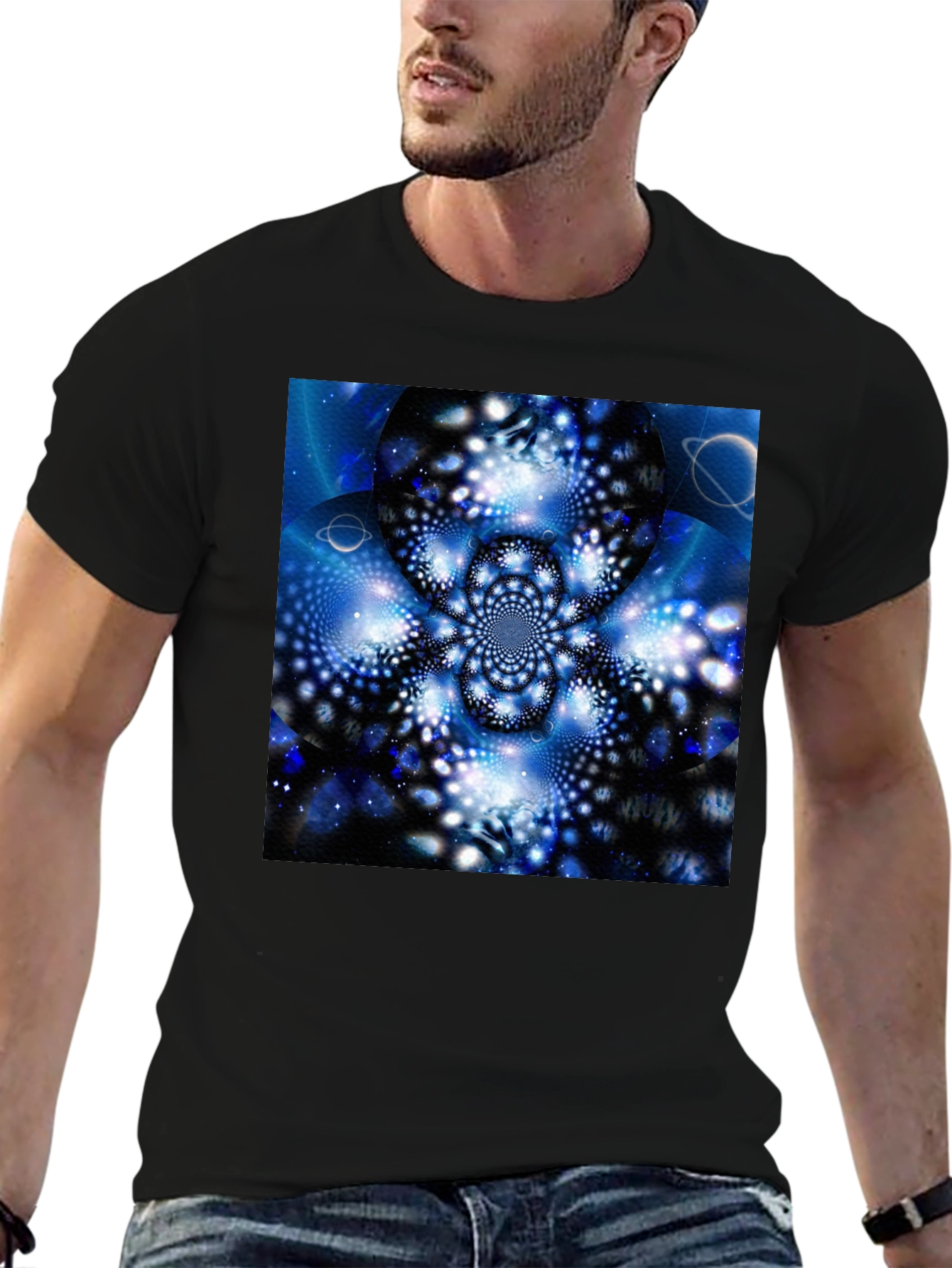 Cosmic Bloom Tee - Black Cotton Graphic T-Shirt