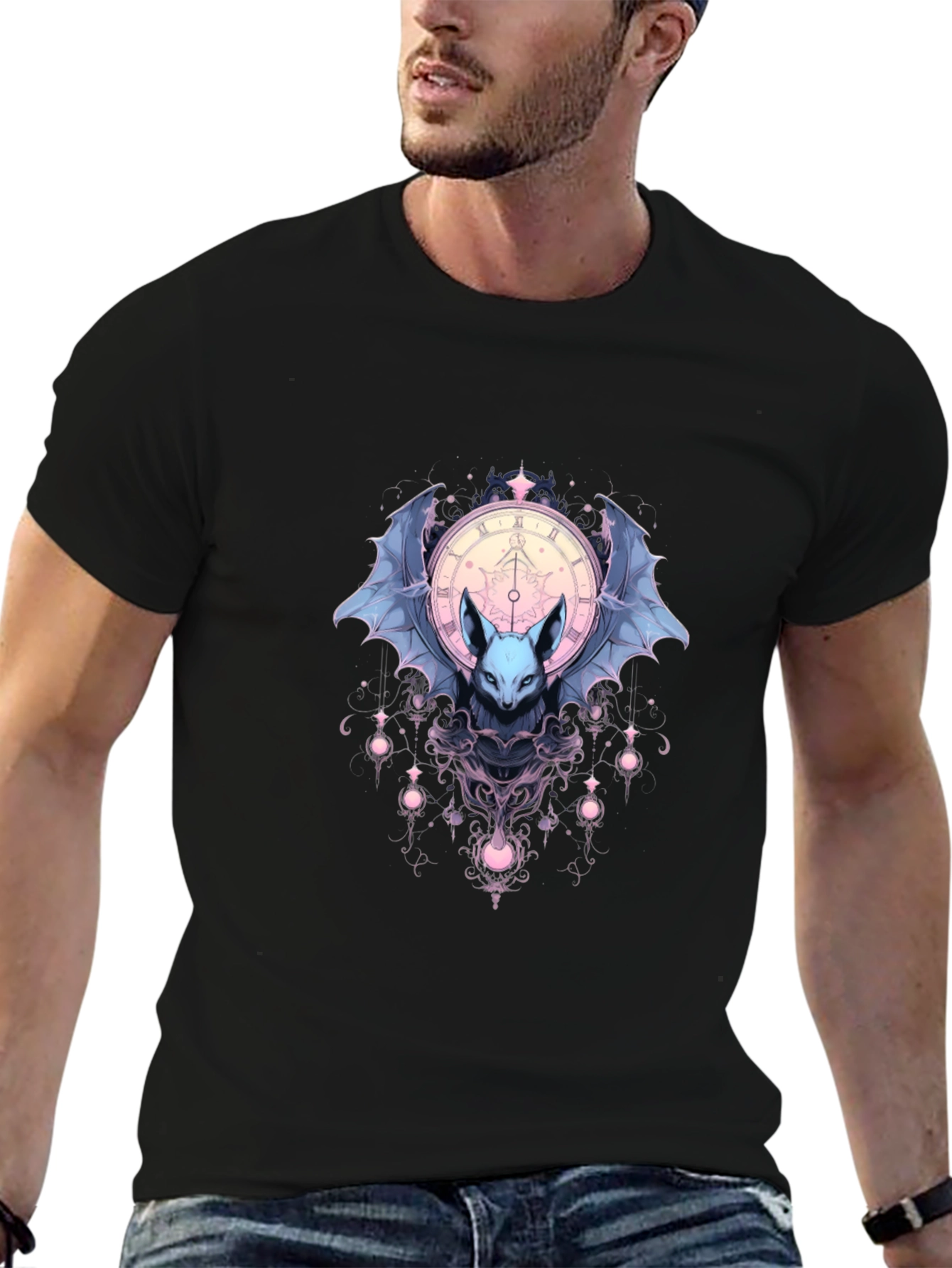 Bat & Clock Graphic Black T-Shirt