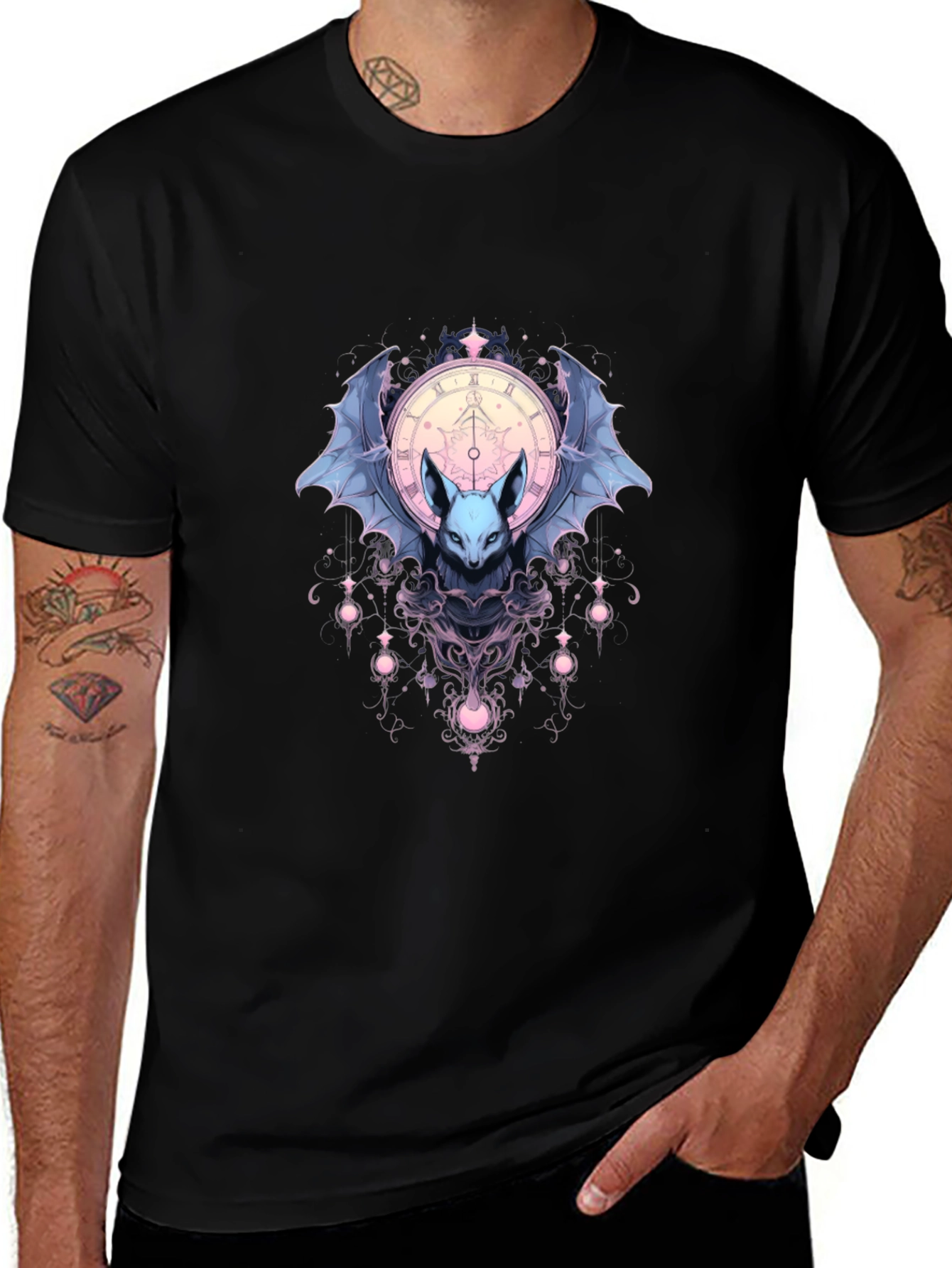 Bat & Clock Graphic Black T-Shirt