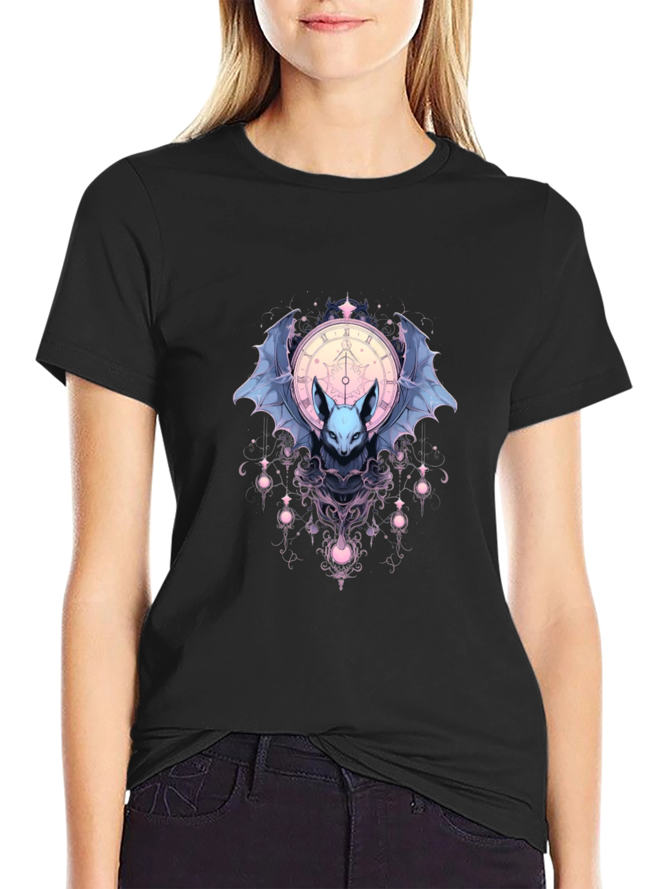 Bat & Clock Graphic Black T-Shirt