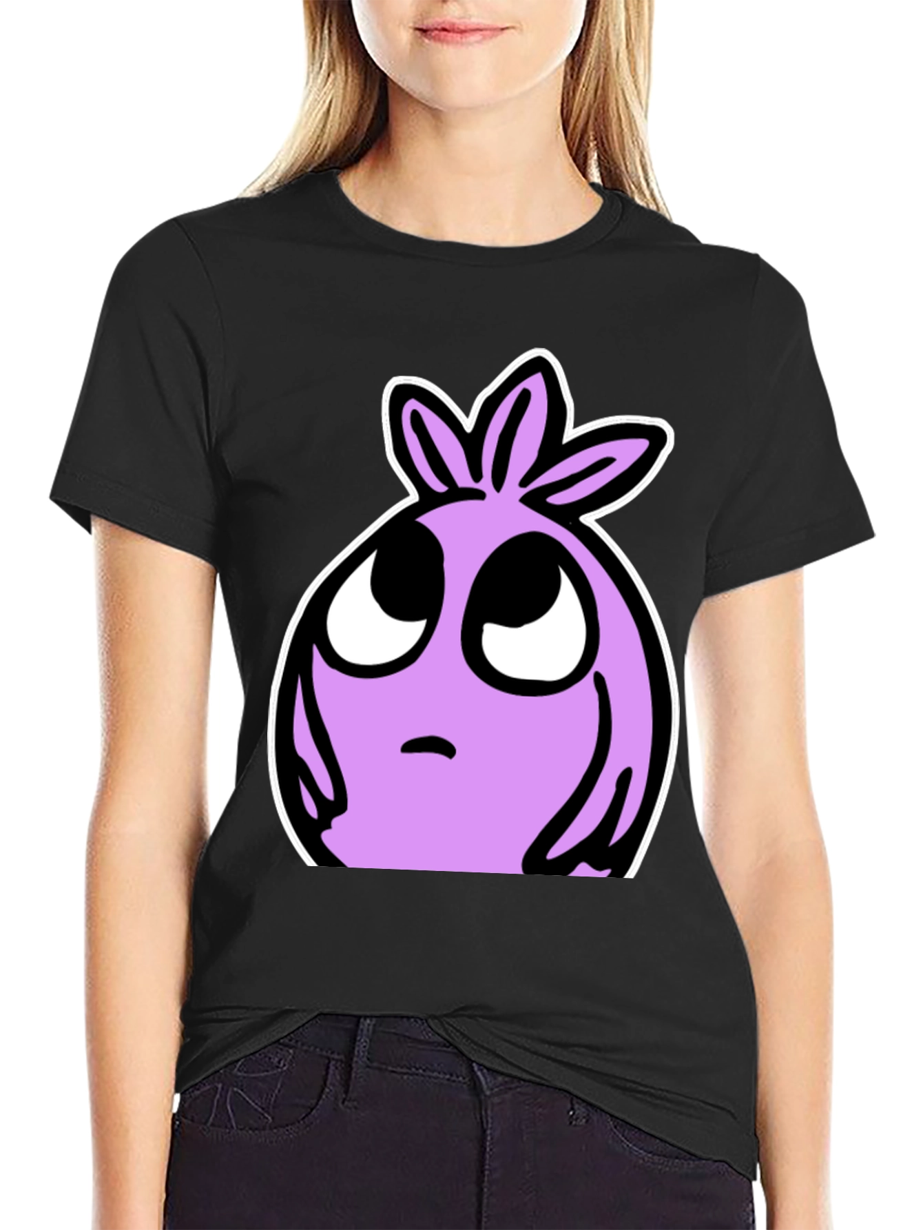 Cartoon Lilac Character Black T-shirt