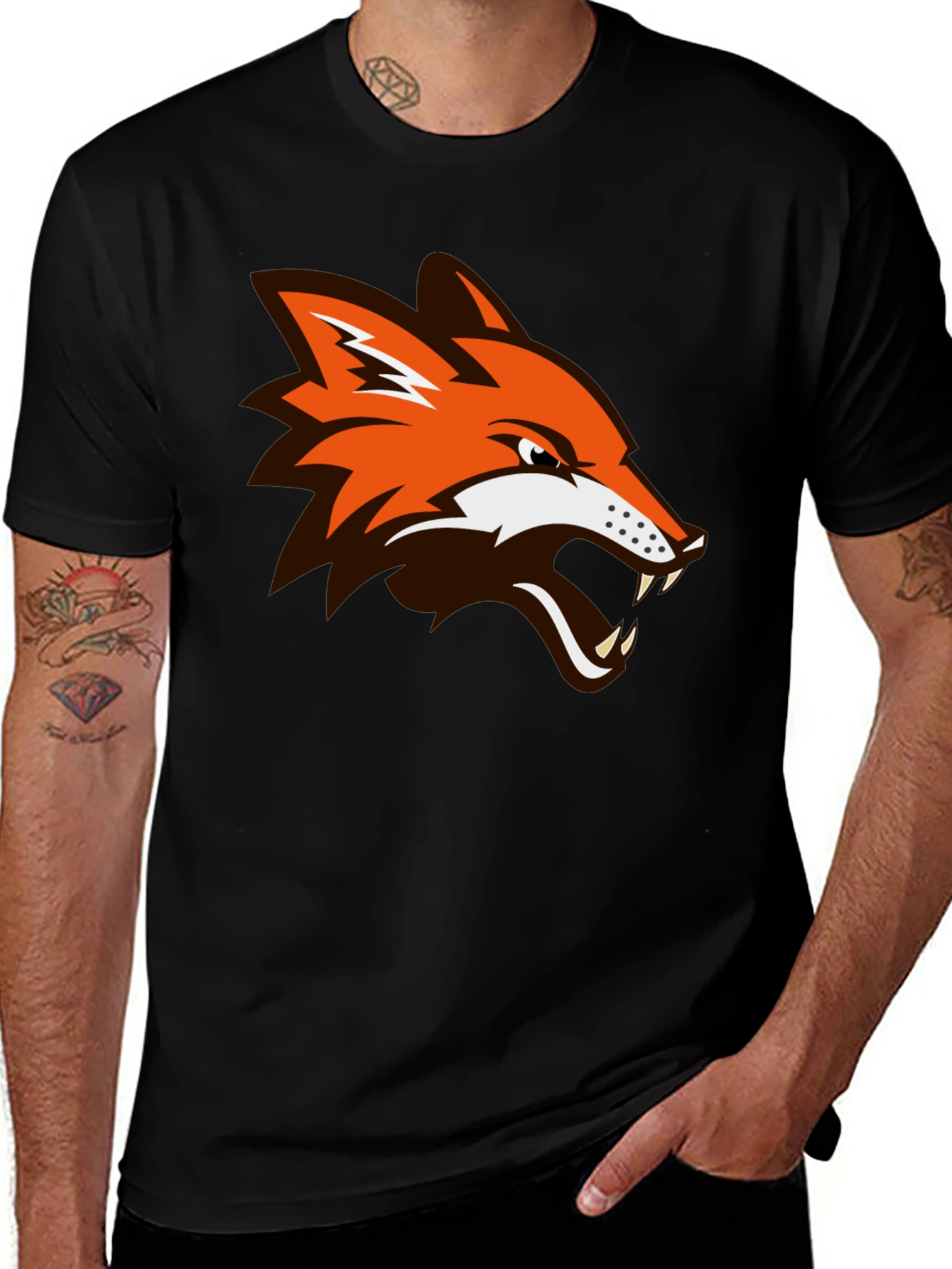Mens Black T-Shirt with Fox Head Graphic