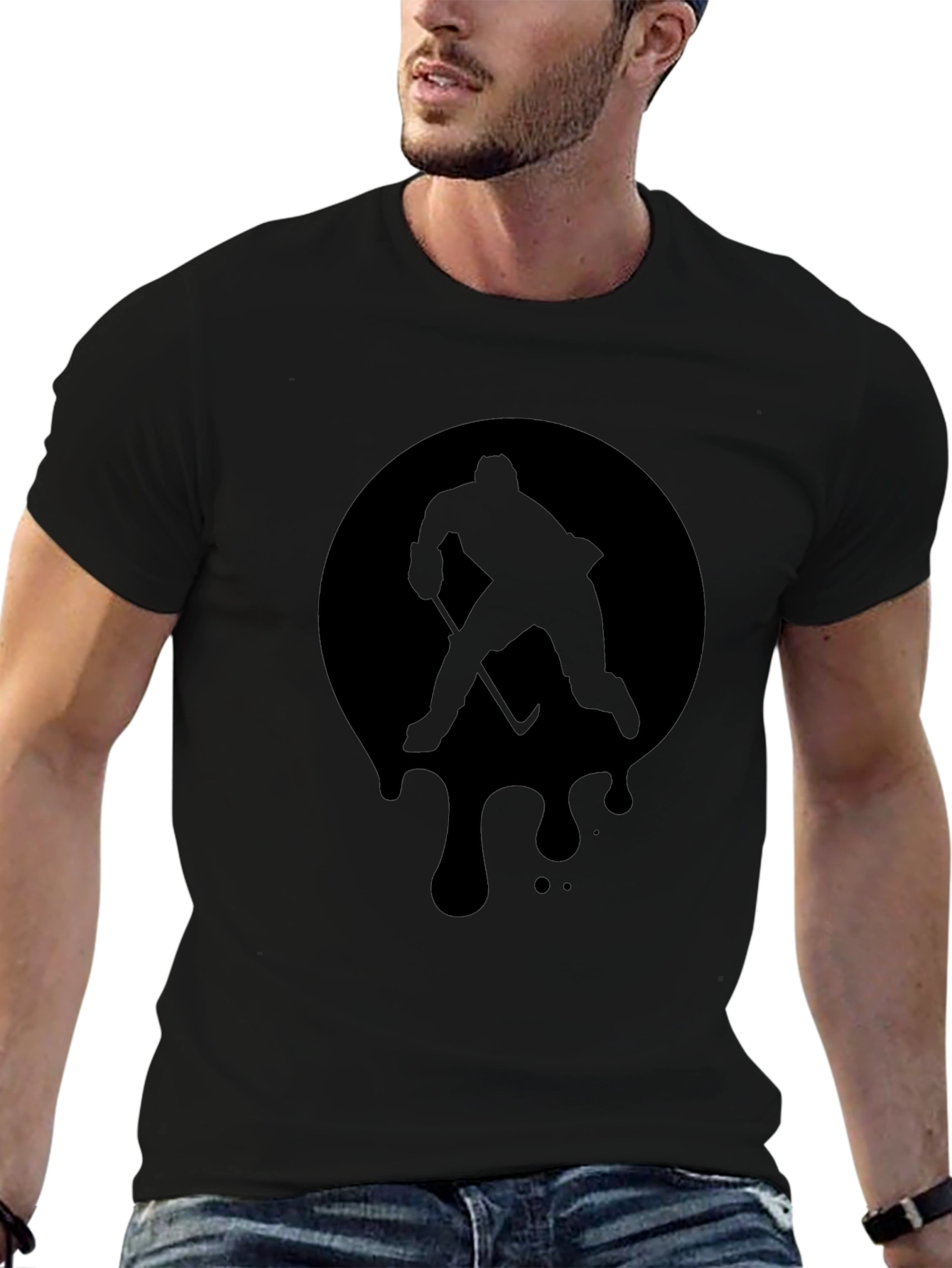 Hockey Player Graphic Tee - Black Cotton T-Shirt