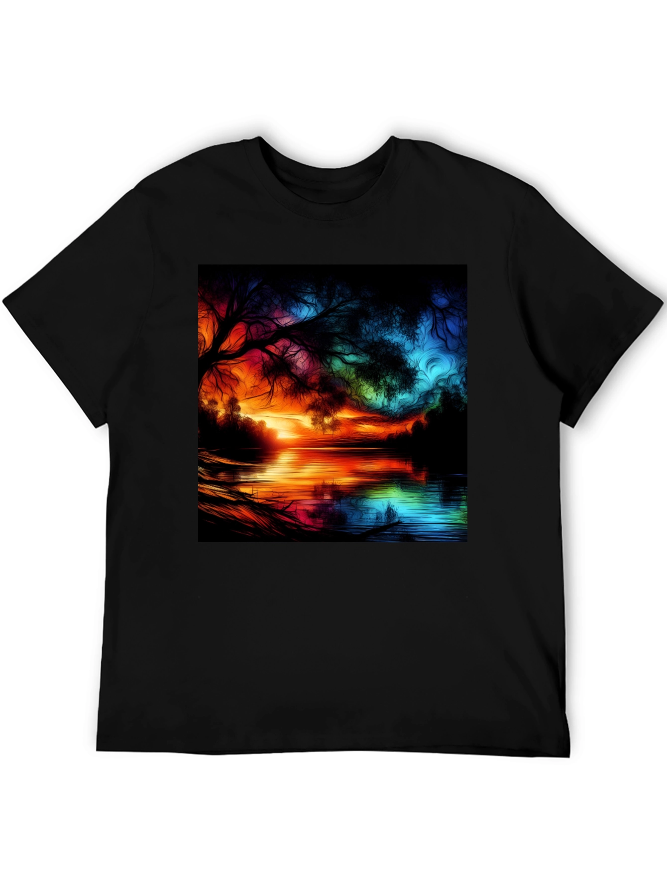 Vibrant Sunset Lake Graphic Tee - Artistic Design