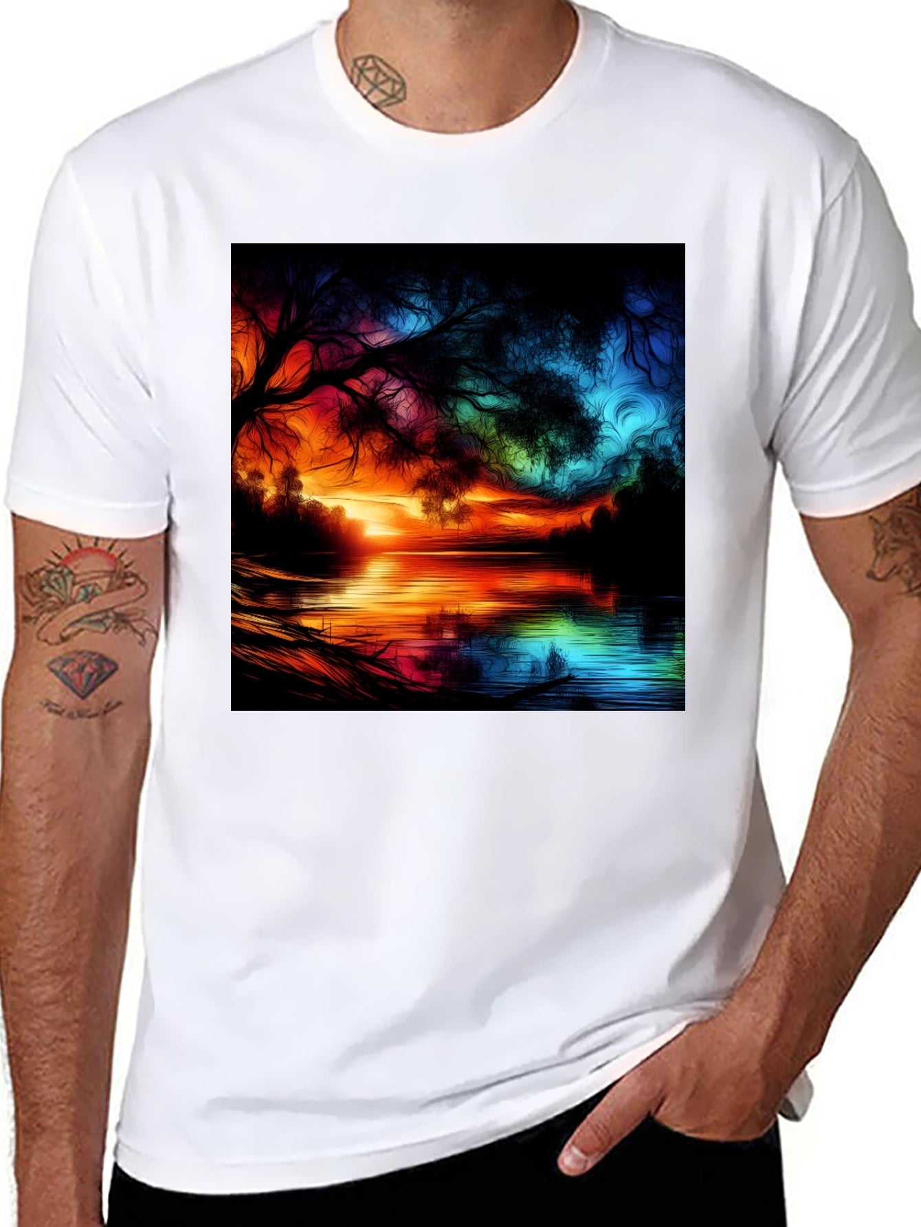 Vibrant Sunset Lake Graphic Tee - Artistic Design